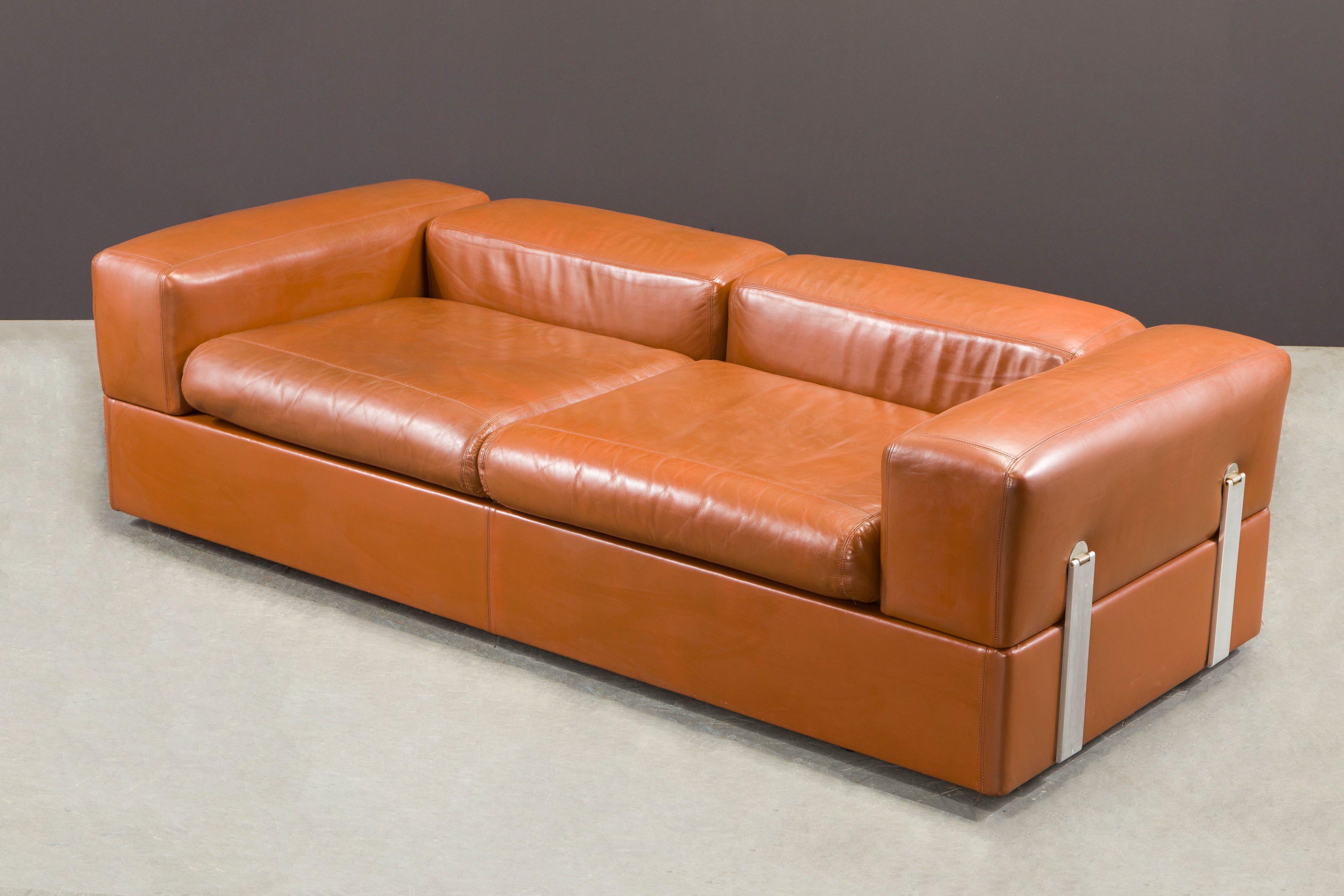 Tito Agnoli Cognac Leather Convertible Sofa Bed for Cinova, 1960s Italy, Signed 5
