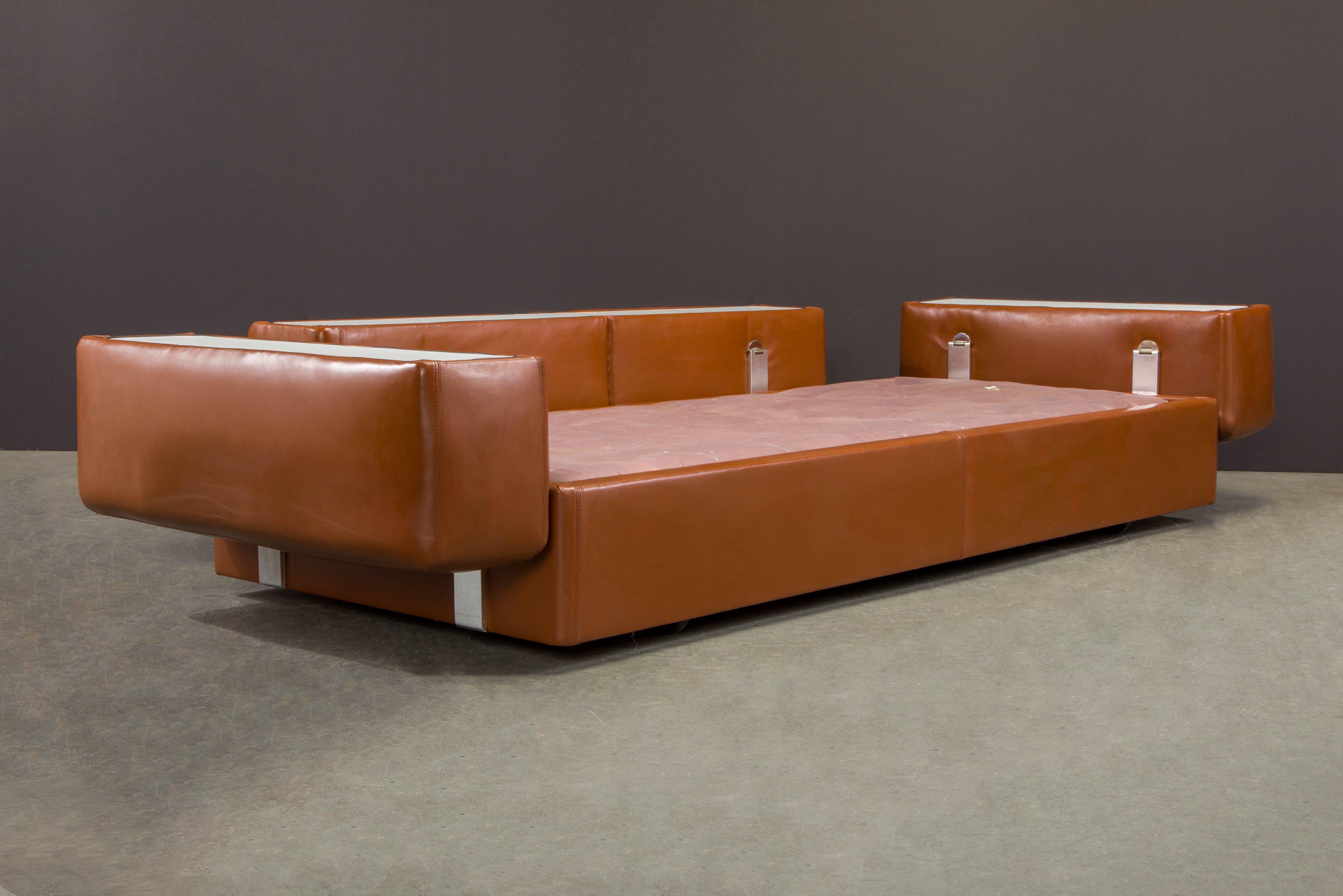 Italian Tito Agnoli Cognac Leather Convertible Sofa Bed for Cinova, 1960s Italy, Signed