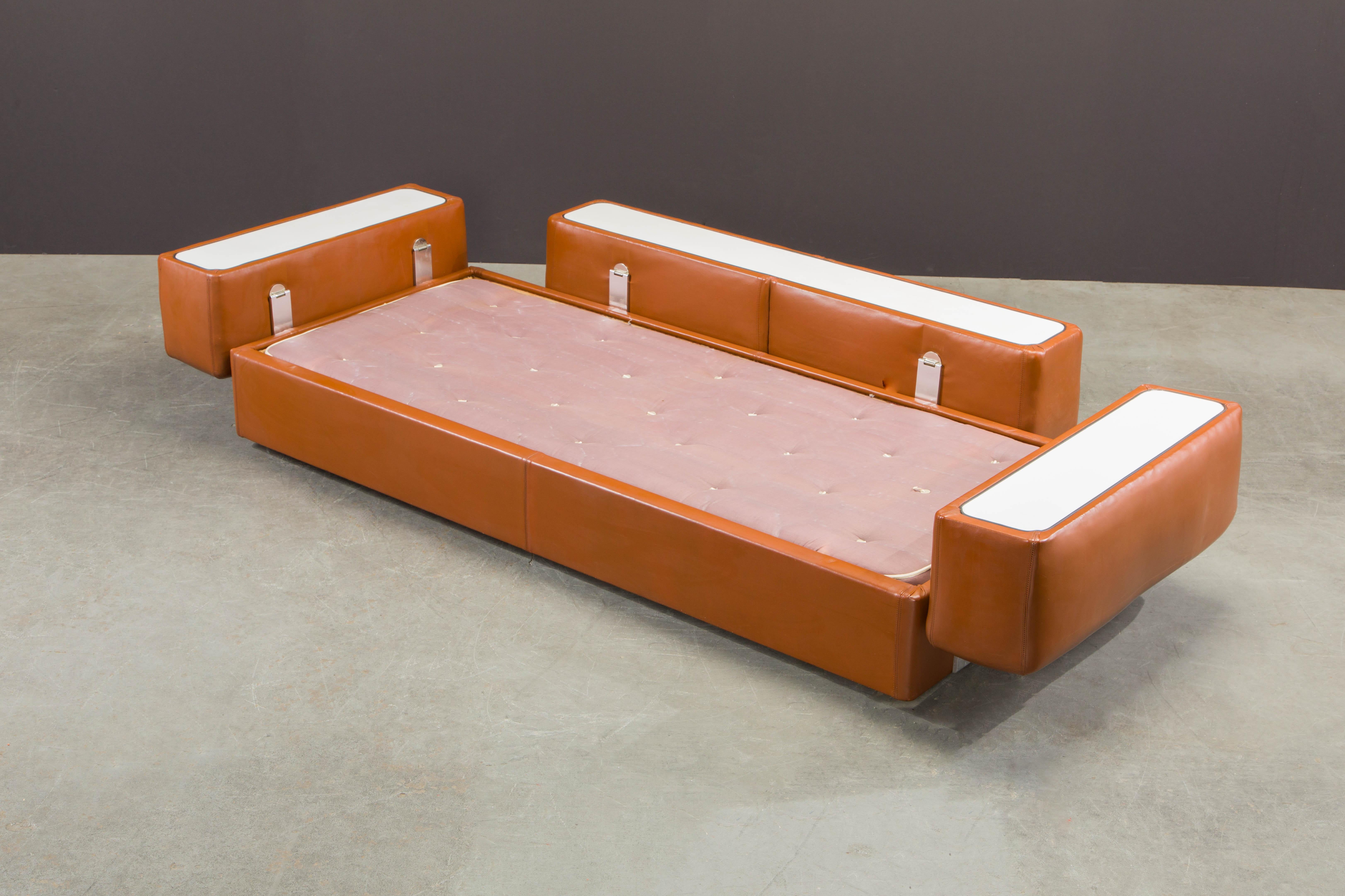 Tito Agnoli Cognac Leather Convertible Sofa Bed for Cinova, 1960s Italy, Signed In Good Condition In Los Angeles, CA