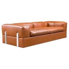 Tito Agnoli Cognac Leather Convertible Sofa Bed for Cinova, 1960s Italy, Signed