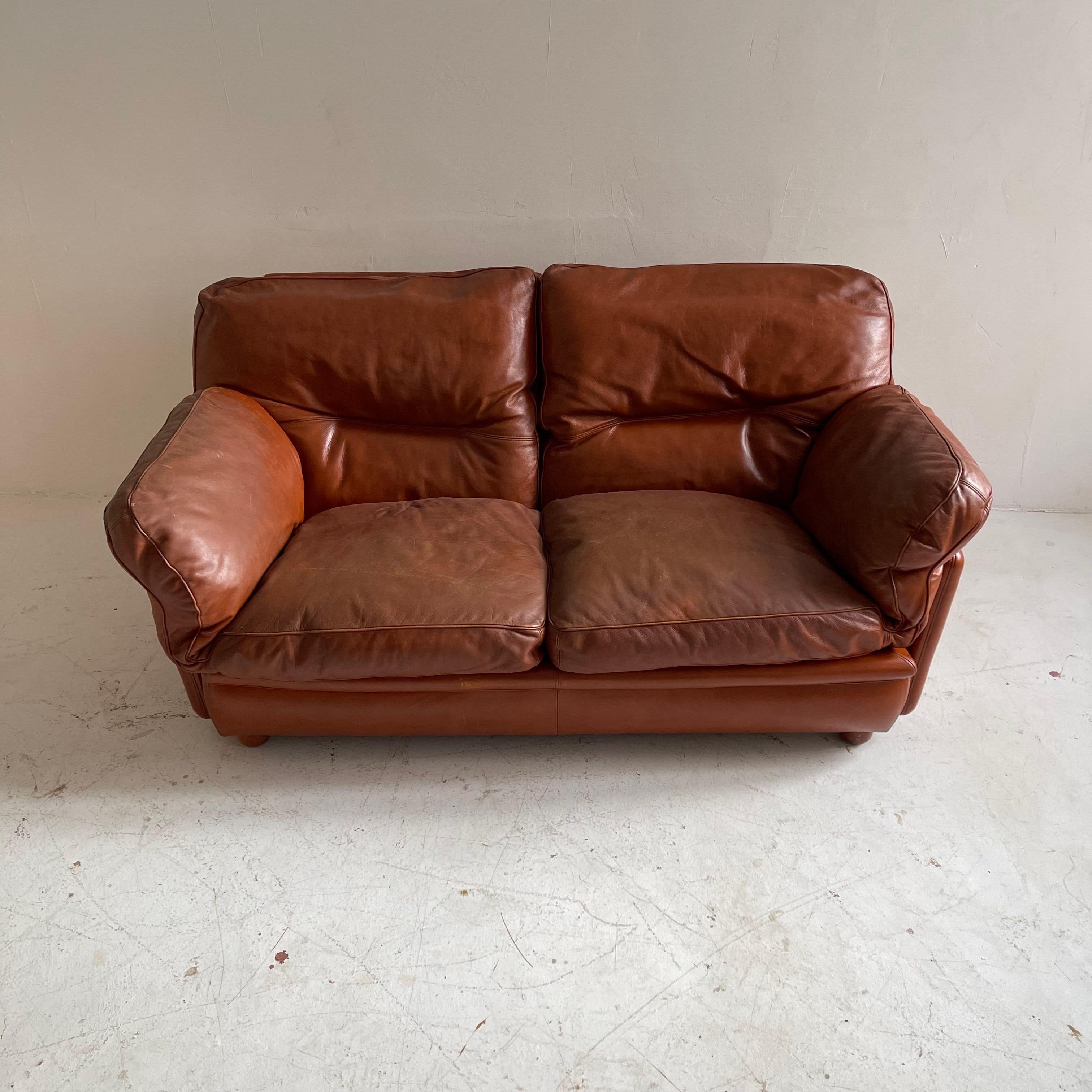 Mid-Century Modern Tito Agnoli Cognac Leather Sofa Suite Model 'Poppy' Poltrona Frau, Italy 1970s For Sale