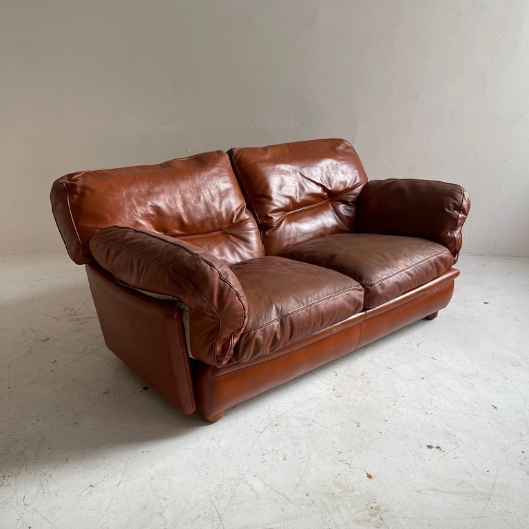 Tito Agnoli Cognac Leather Sofa Suite Model 'Poppy' Poltrona Frau, Italy 1970s In Good Condition For Sale In Vienna, AT