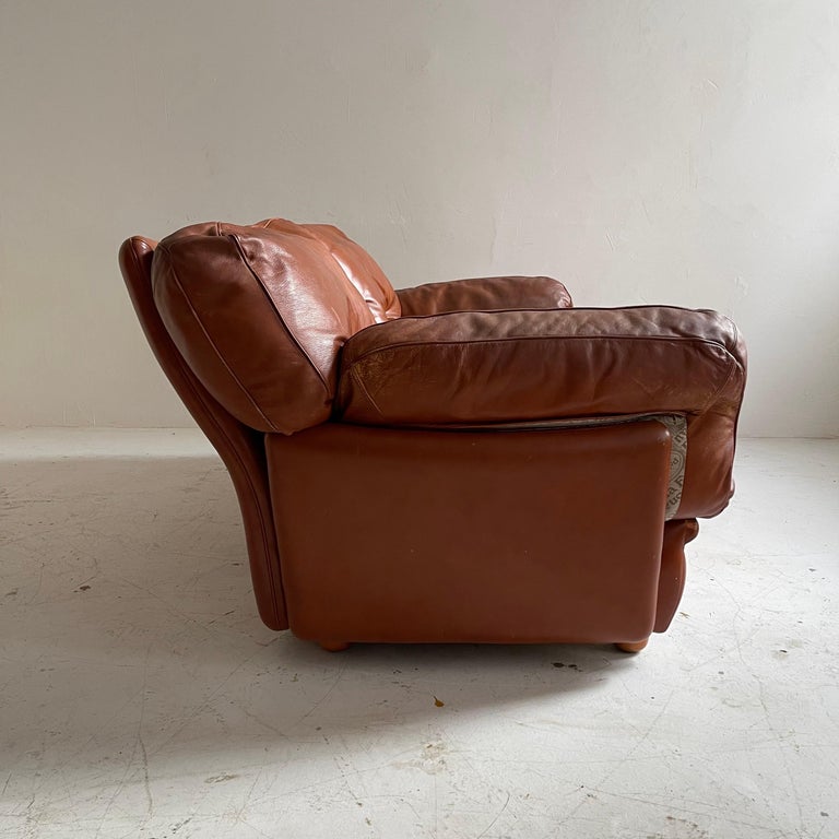 Late 20th Century Tito Agnoli Cognac Leather Sofa Suite Model 'Poppy' Poltrona Frau, Italy 1970s For Sale
