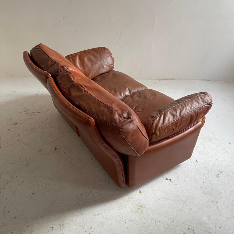 Tito Agnoli Cognac Leather Sofa Suite Model 'Poppy' Poltrona Frau, Italy 1970s For Sale 1