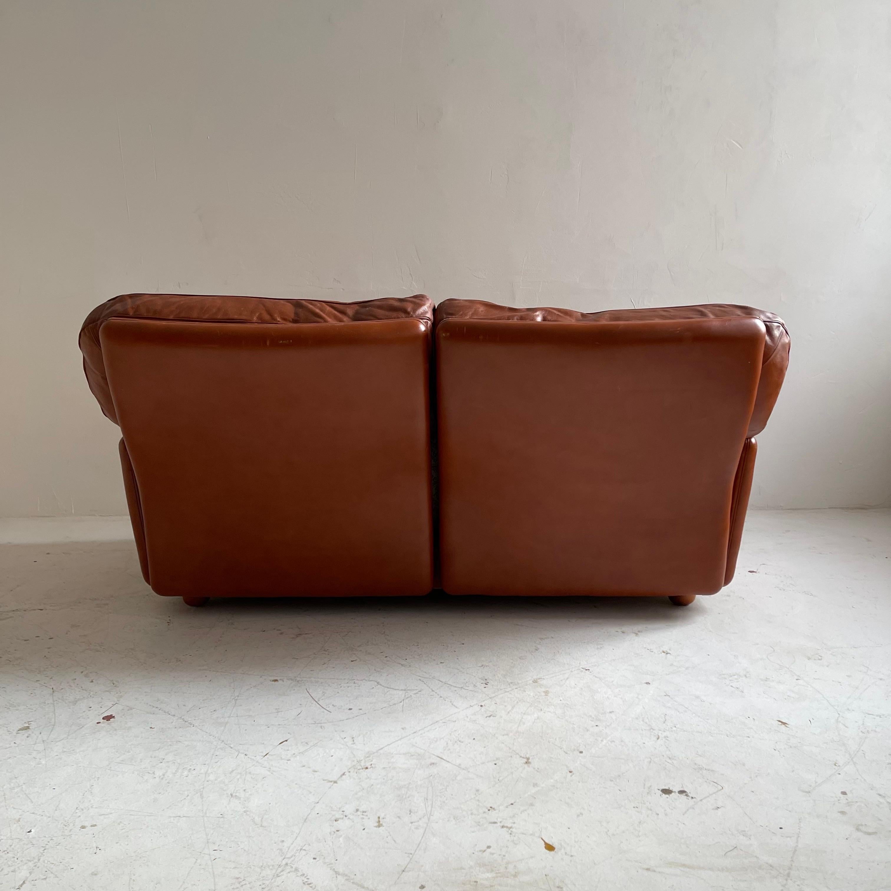 Tito Agnoli Cognac Leather Sofa Suite Model 'Poppy' Poltrona Frau, Italy 1970s For Sale 1