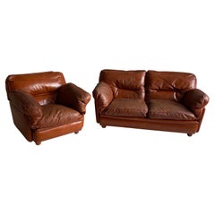 Tito Agnoli Cognac Leather Sofa Suite Model 'Poppy' Poltrona Frau, Italy 1970s