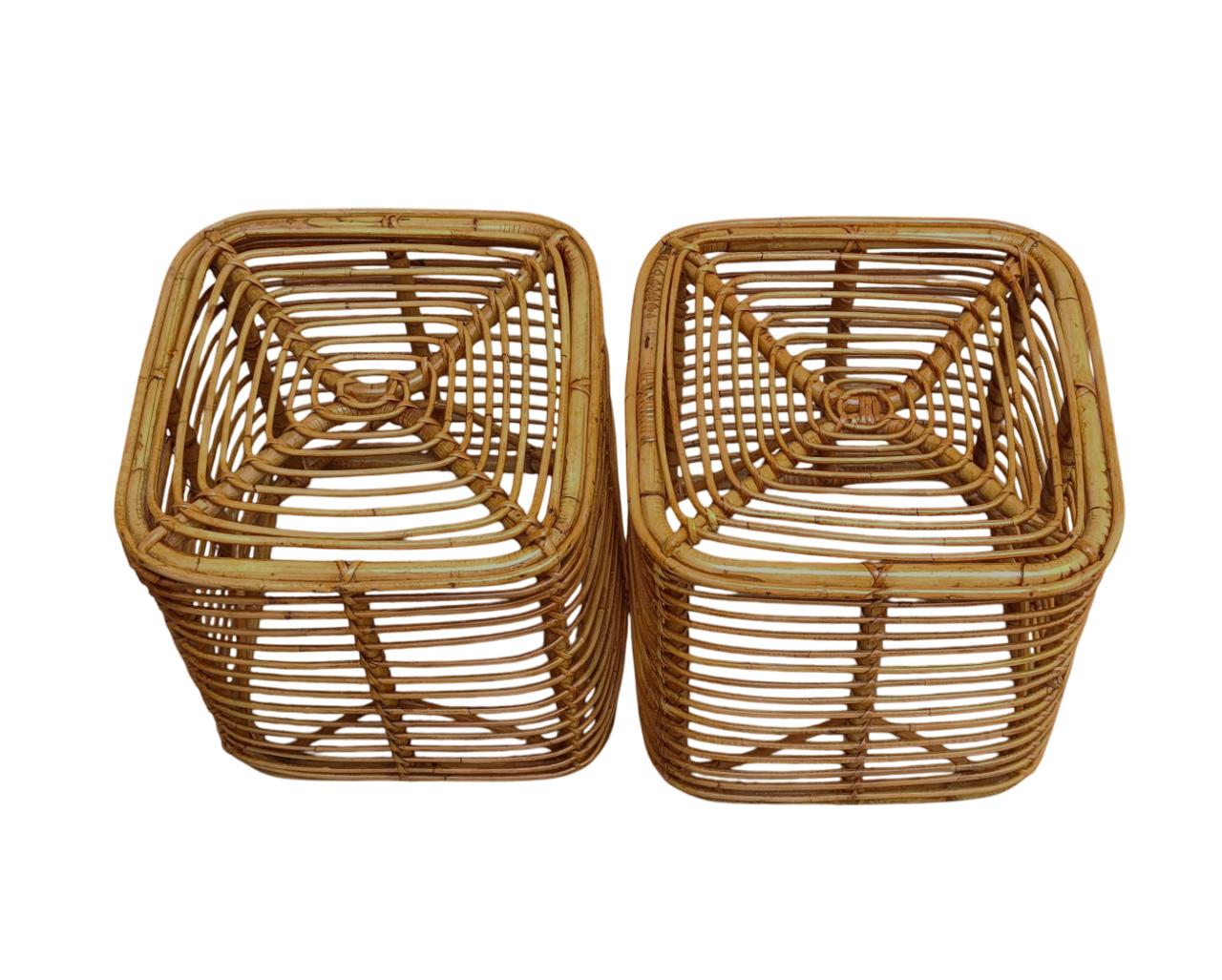 Mid-Century Modern Tito Agnoli Pair of Square Stools in Rattan and Bambu', Italy 1960s