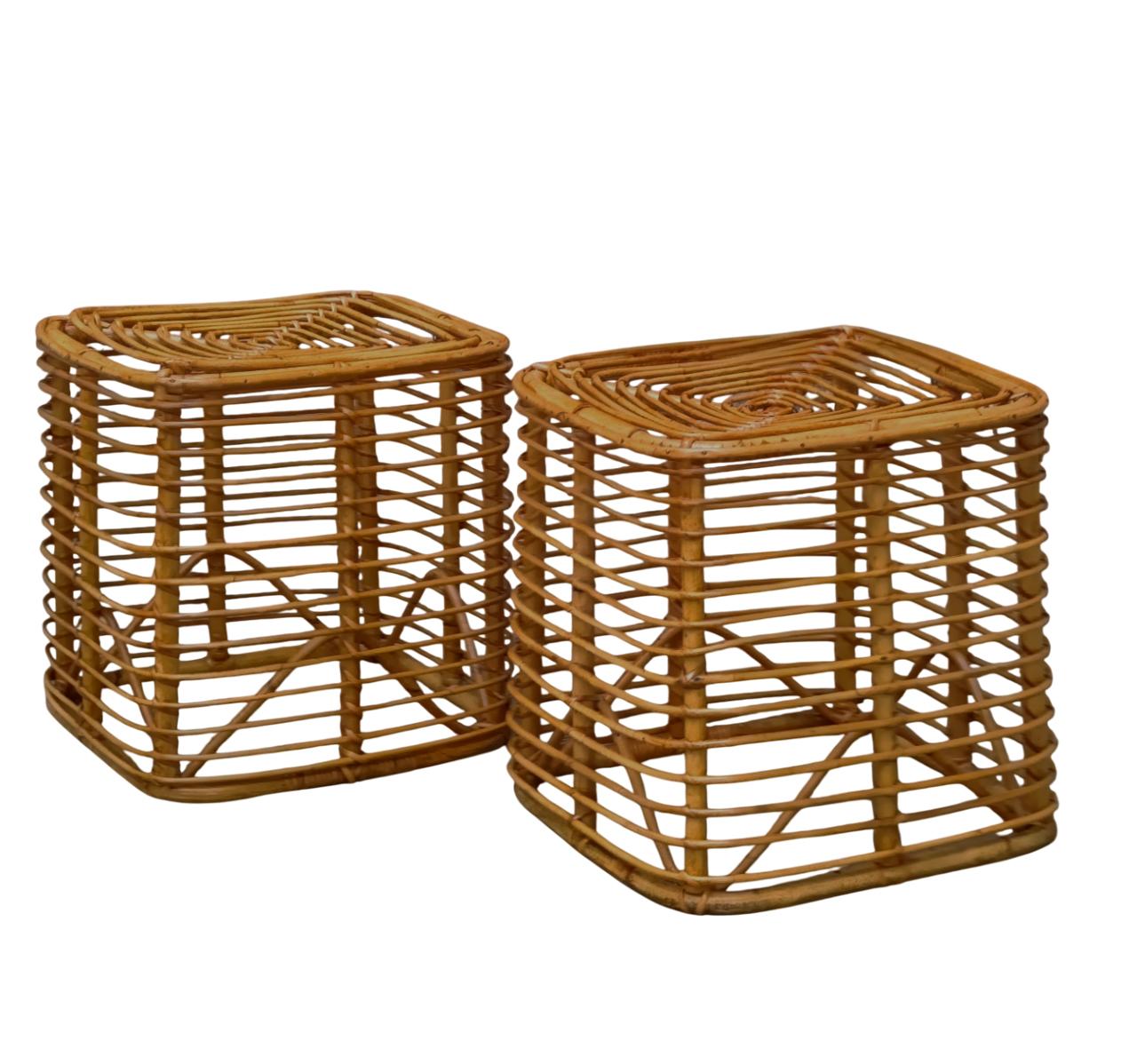 Italian Tito Agnoli Pair of Square Stools in Rattan and Bambu', Italy 1960s
