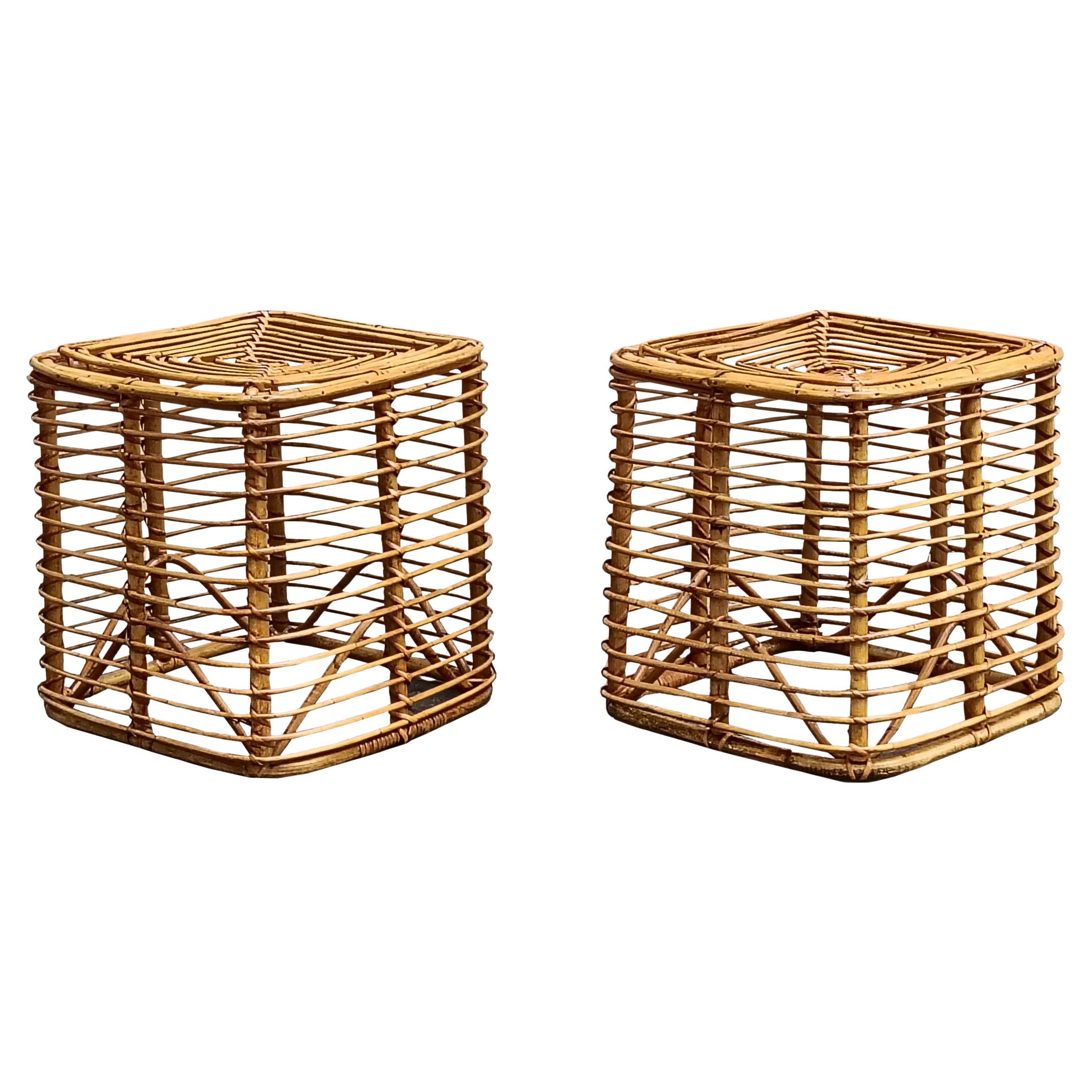 Tito Agnoli Pair of Square Stools in Rattan and Bambu', Italy 1960s