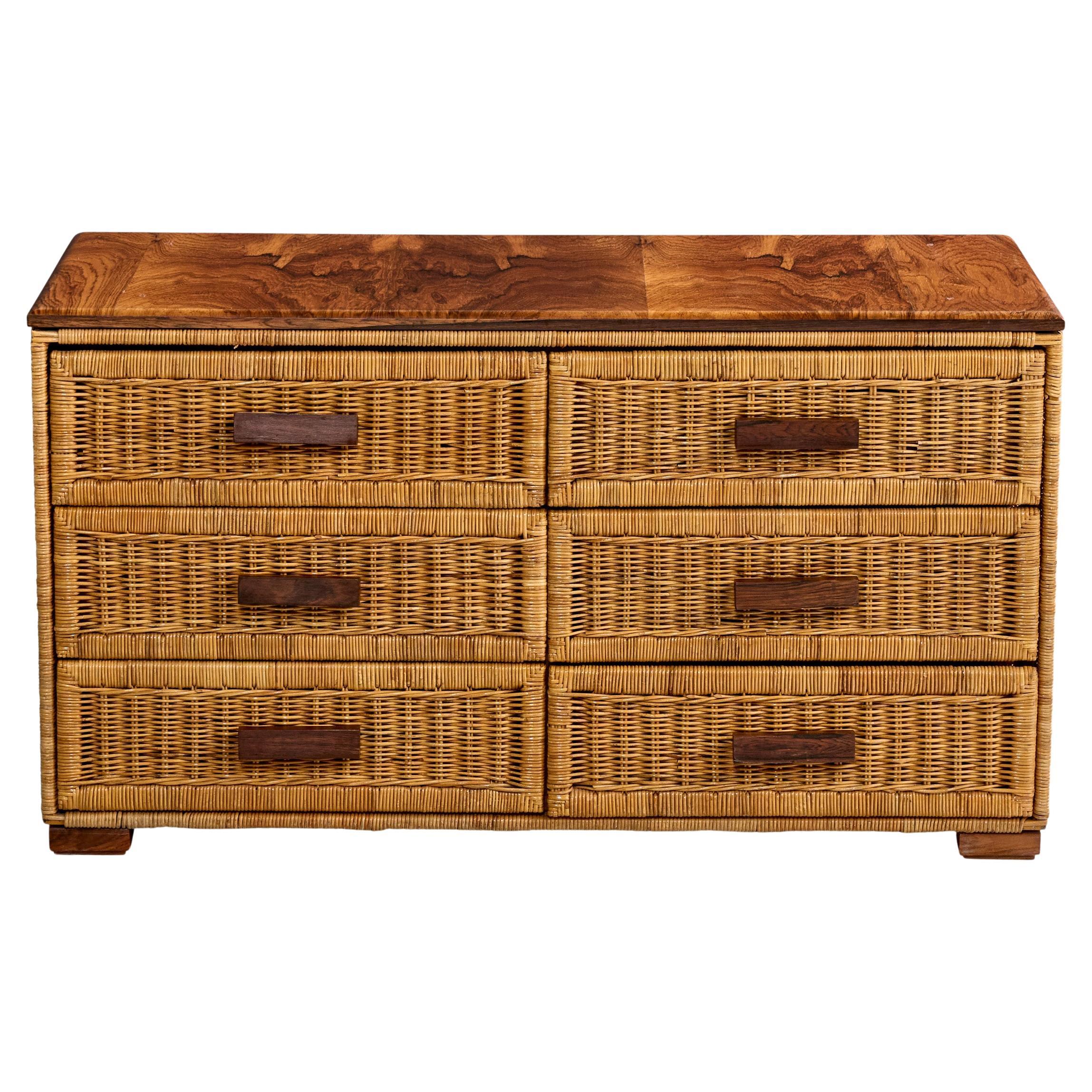 Tito Agnoli, commode, rotin, noyer, Italie, années 1960