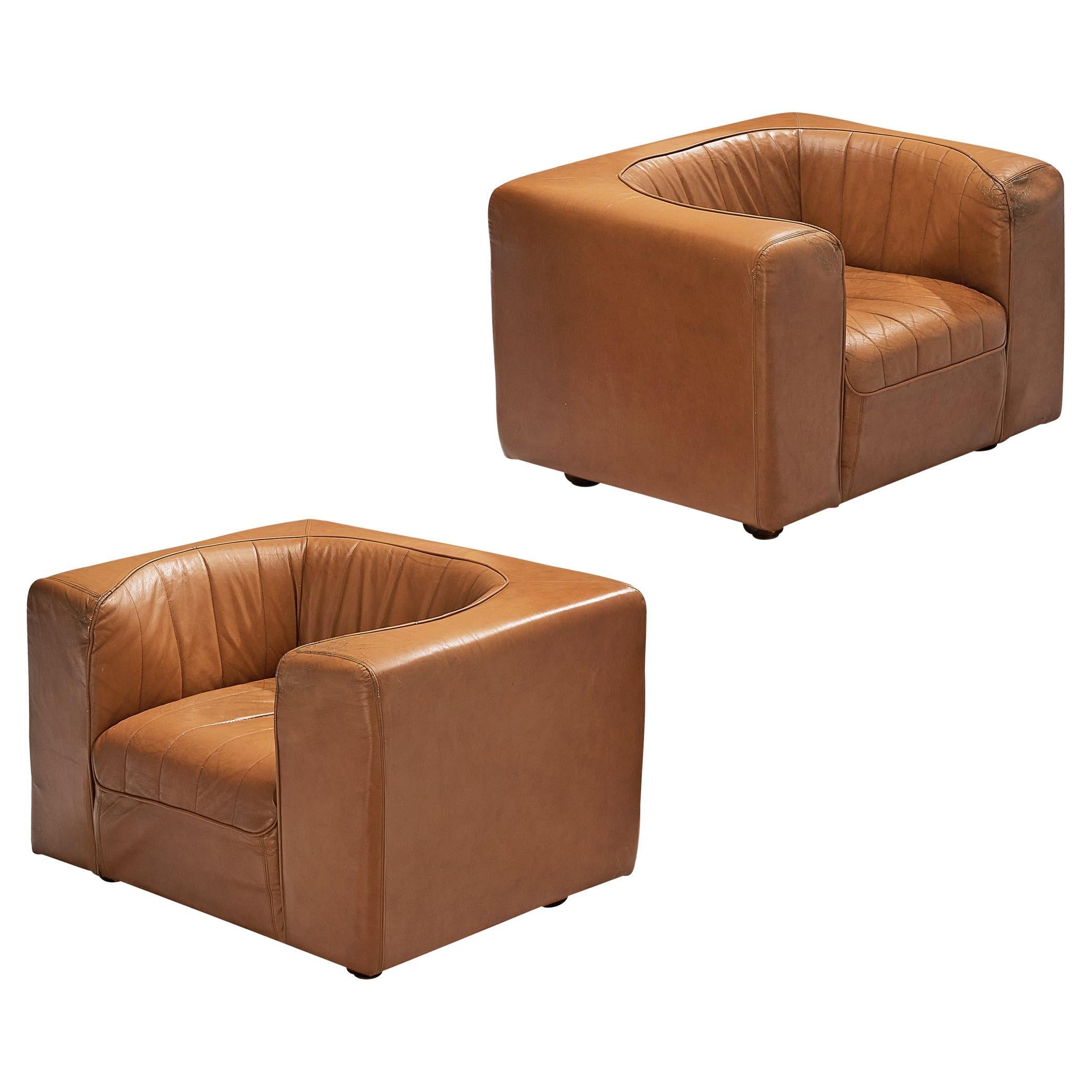 Tito Agnoli for Arflex Pair of Lounge Chairs in Cognac Leather