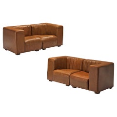 Tito Agnoli for Arflex Pair of Two Seater Sofas in Cognac Leather 