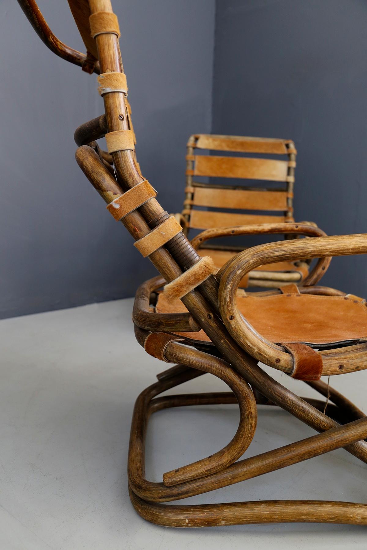 Mid-Century Modern Tito Agnoli Italian Midcentury Wicker Chair in Leather Pony Skin