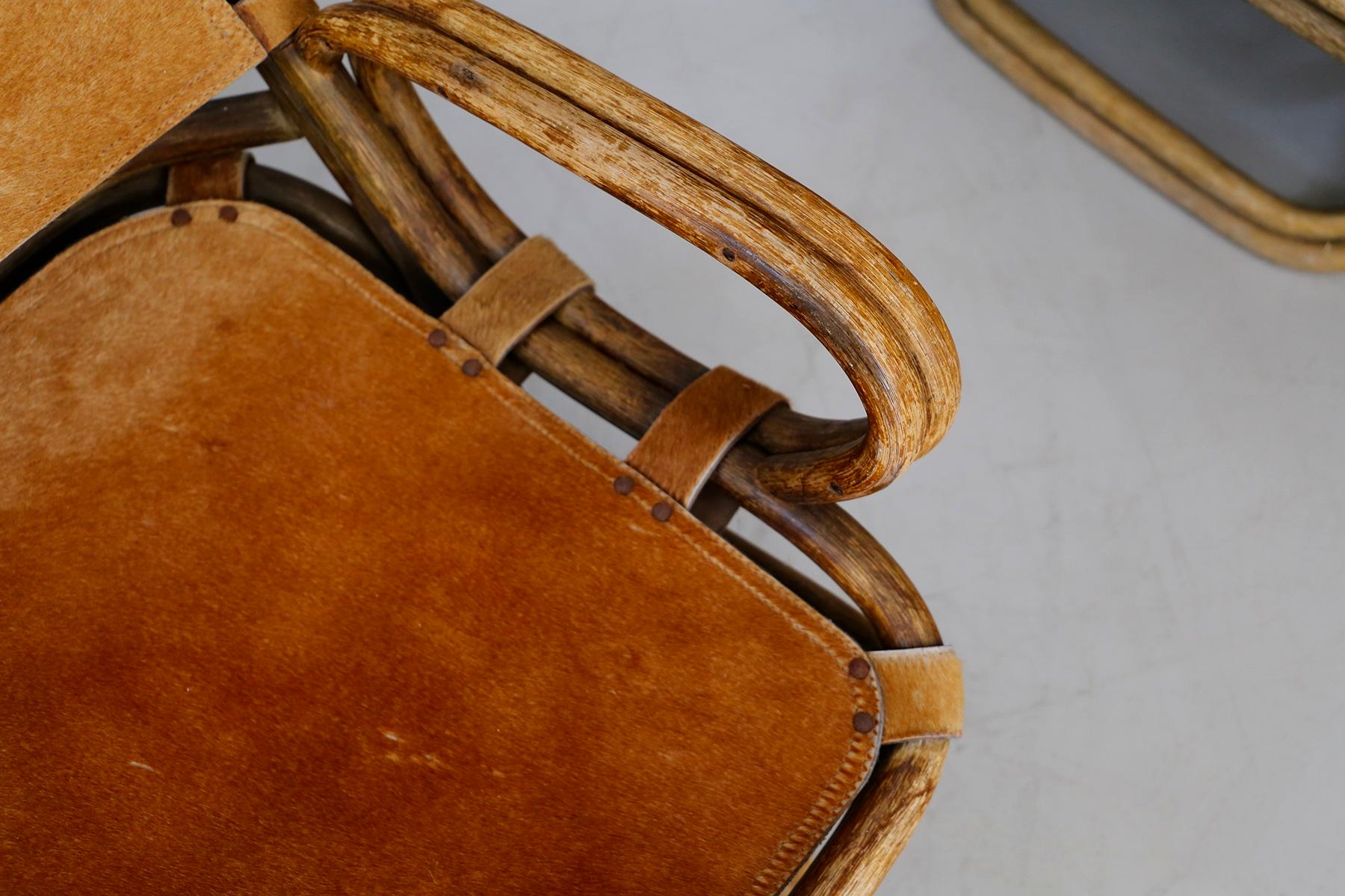 Tito Agnoli Italian Midcentury Wicker Chair in Leather Pony Skin In Fair Condition In Milano, IT