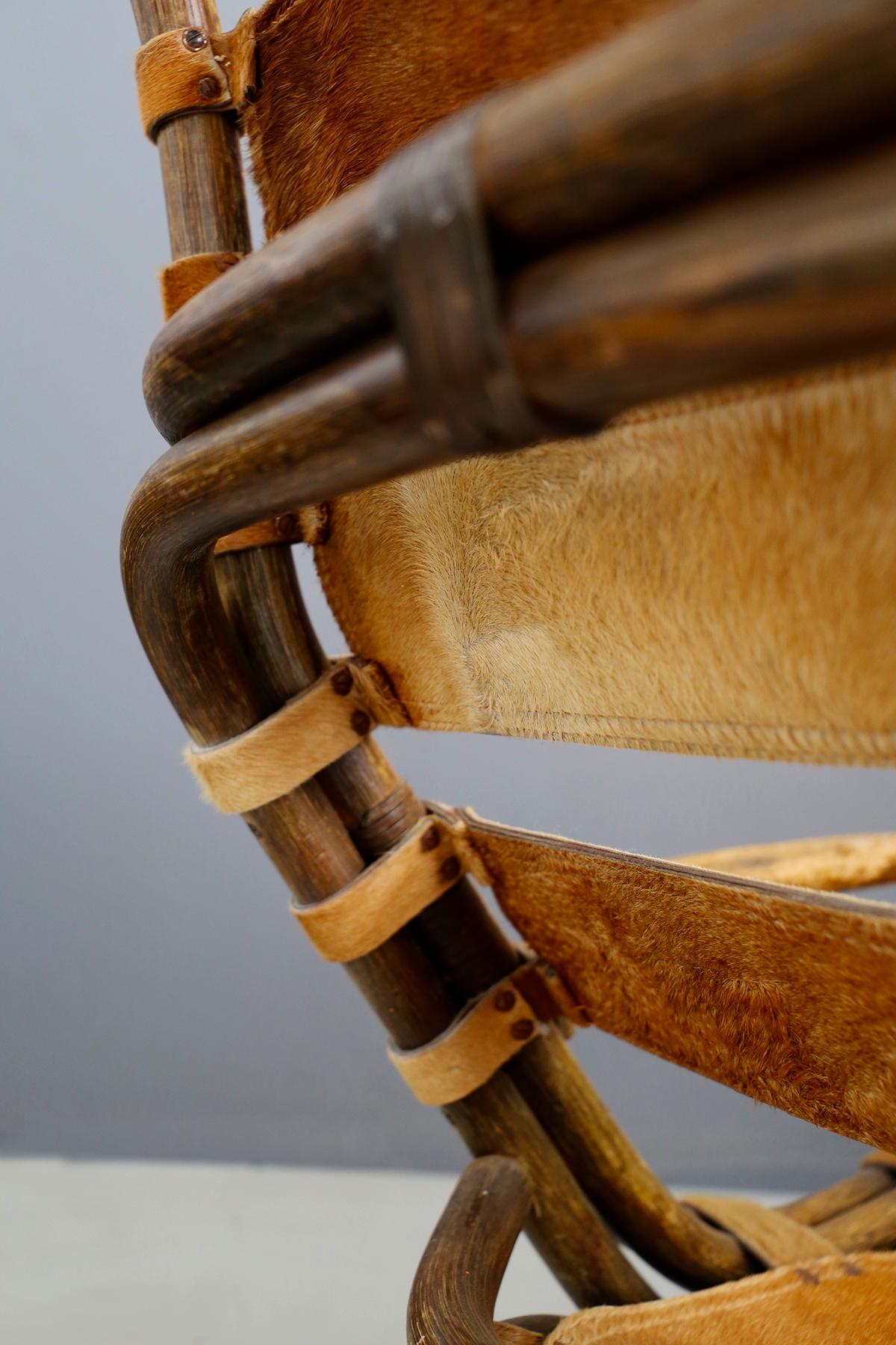 Animal Skin Tito Agnoli Italian Midcentury Wicker Chair in Leather Pony Skin