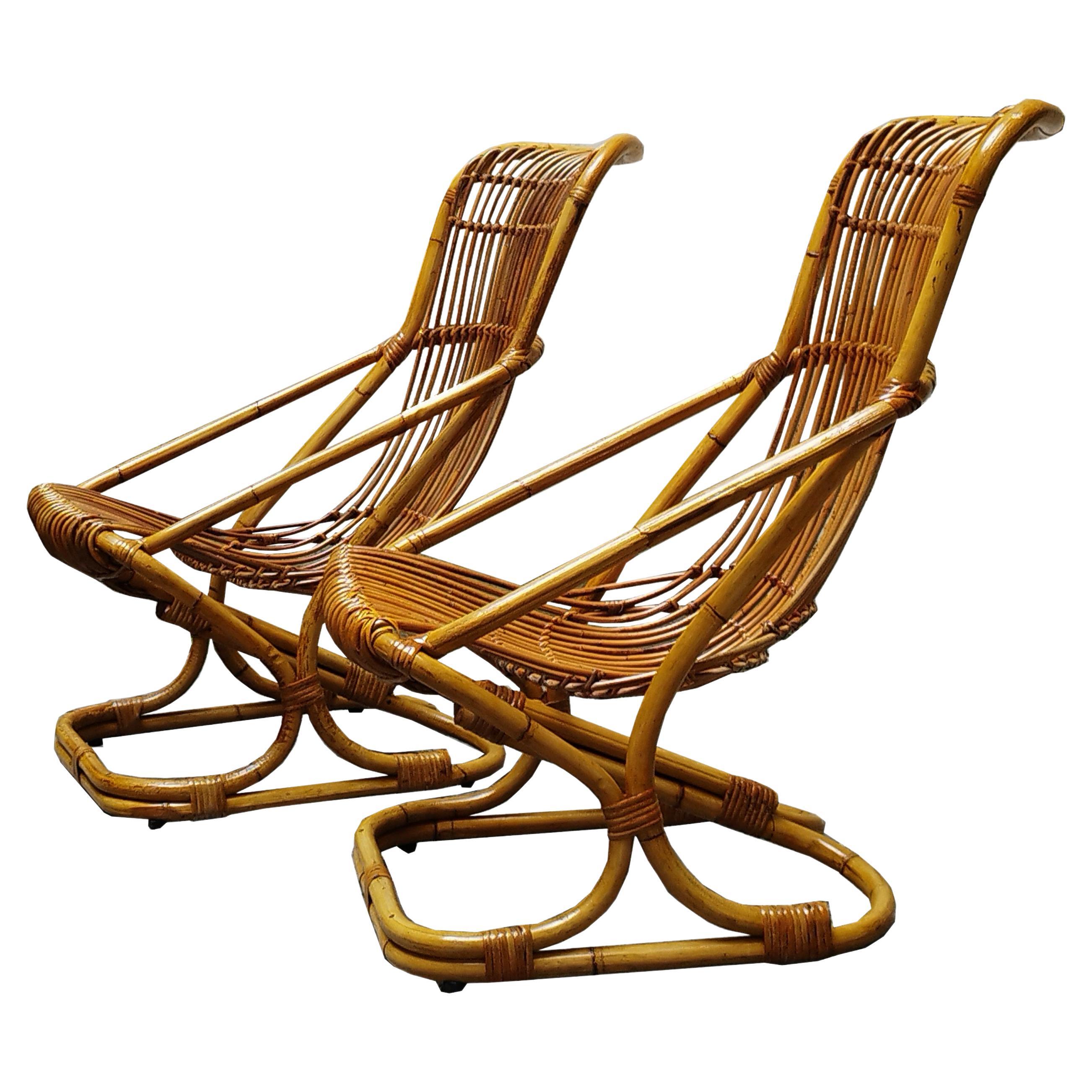 Paire de fauteuils en rotin Tito Agnoli pour Bonacina, Italie, années 1960 en vente