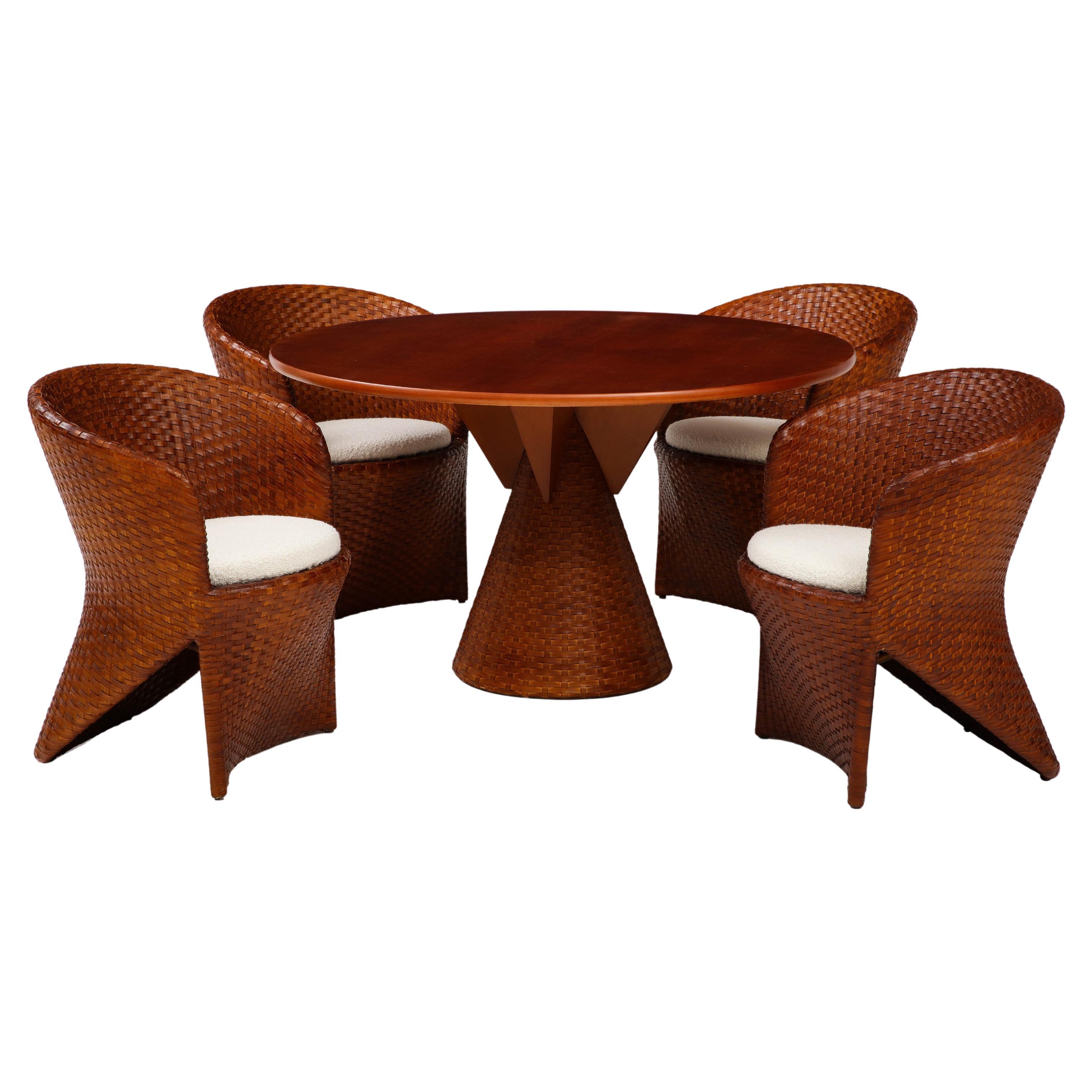 Tito Agnoli for Bonacina Rare Carabou Dining Set in Rattan and Cherry Wood, 1991 For Sale