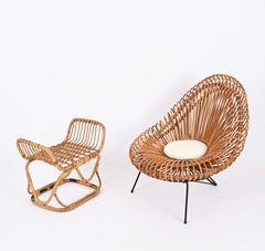 Tito Agnoli Mid-Century Pouf, Ottoman in Rattan, Bamboo and Wicker, Italy 1960s