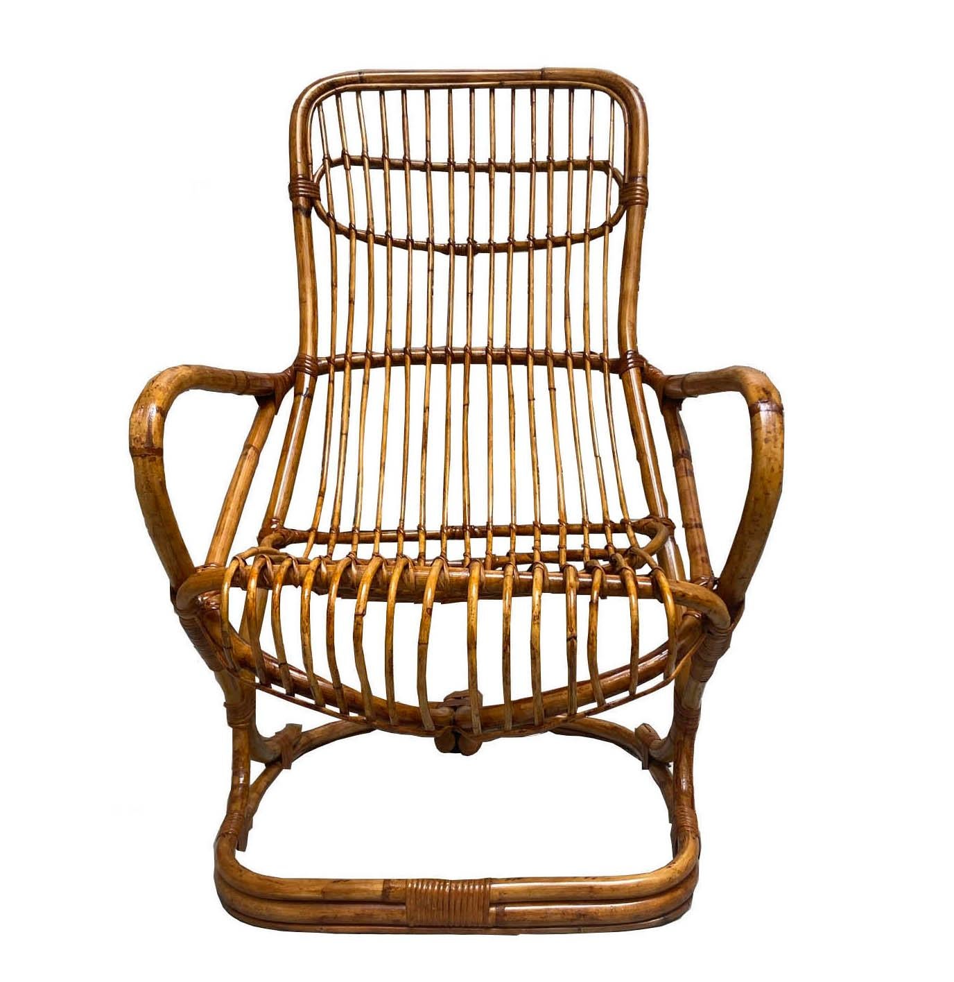 Rare and elegant armchair in fat manila and woven rattan, designed by Tito Agnoli for Bonacina in the 1960s.