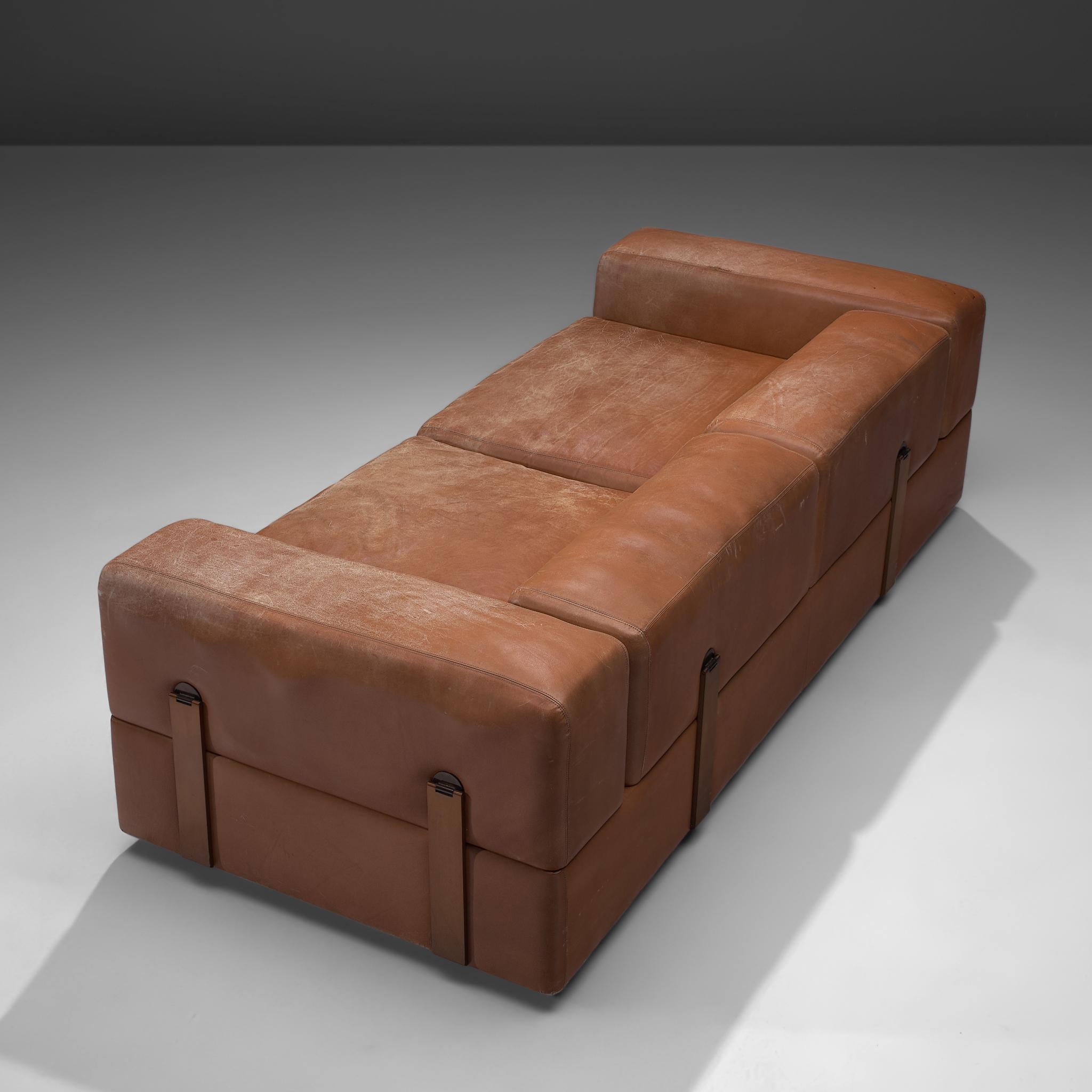 Italian Tito Agnoli for Cinova Sofa Bed in Cognac Leather and Steel