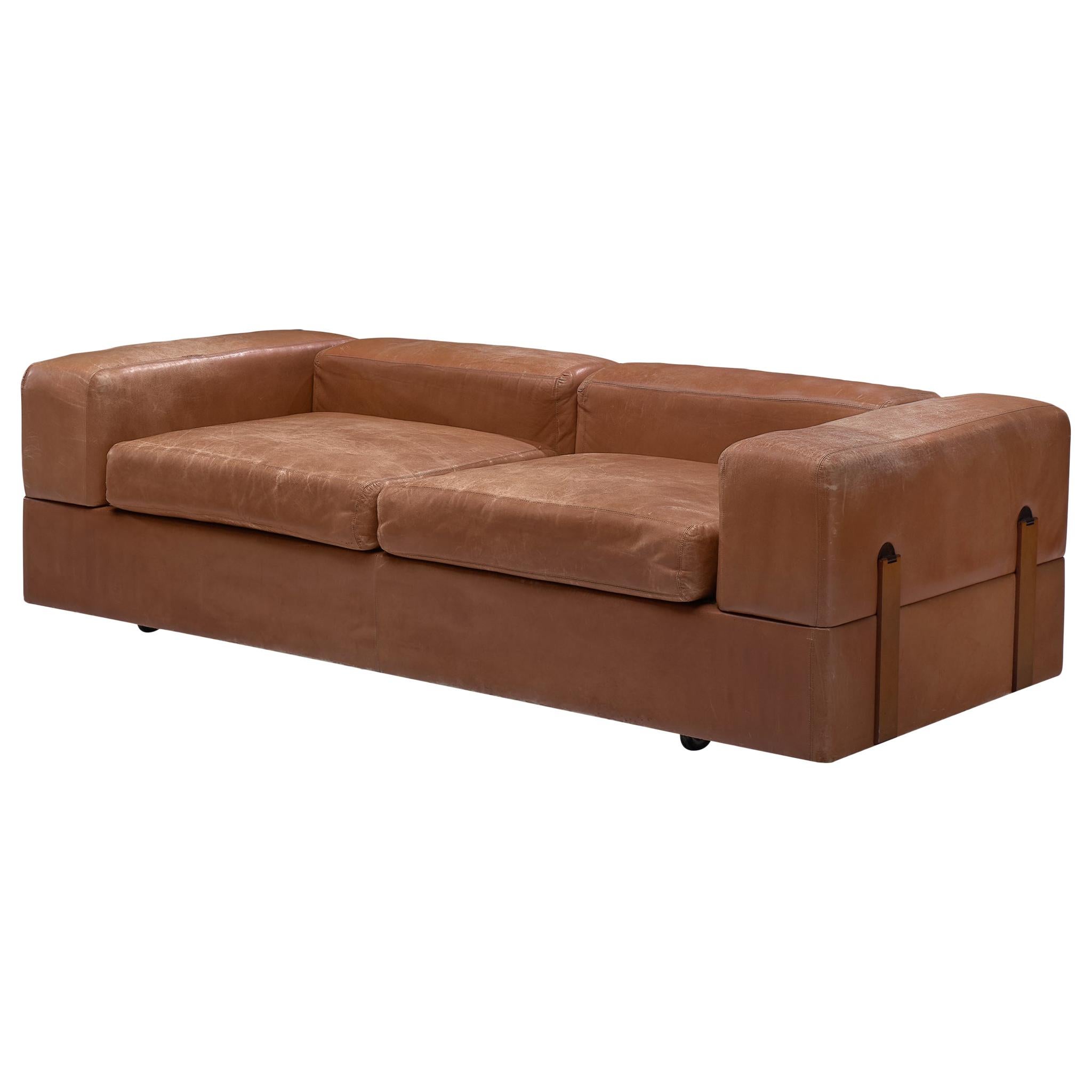Tito Agnoli for Cinova Sofa Bed in Cognac Leather and Steel