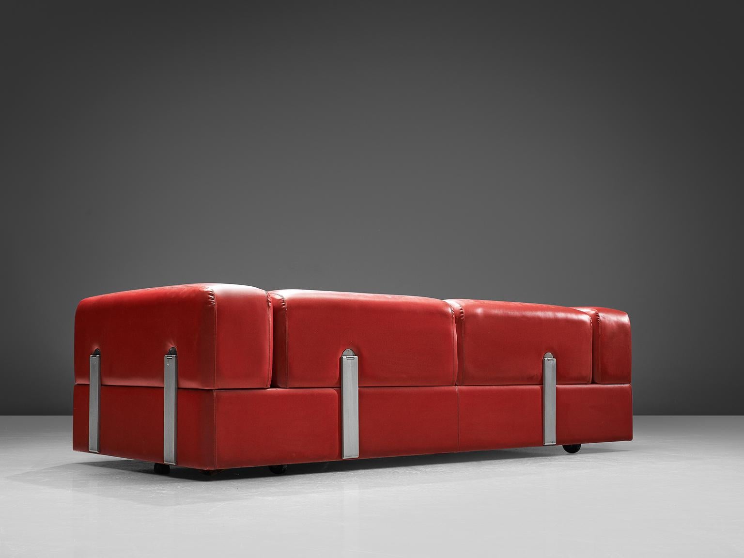 Italian Tito Agnoli for Cinova Sofa Bed in Red Leatherette and Steel