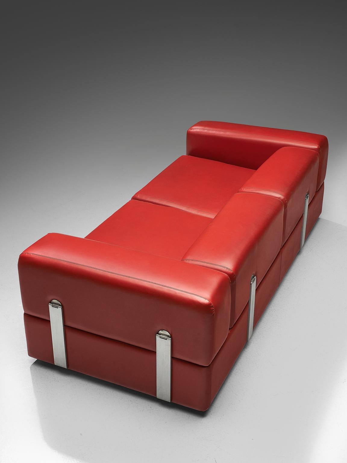 Tito Agnoli for Cinova Sofa Bed in Red Leatherette and Steel In Good Condition In Waalwijk, NL