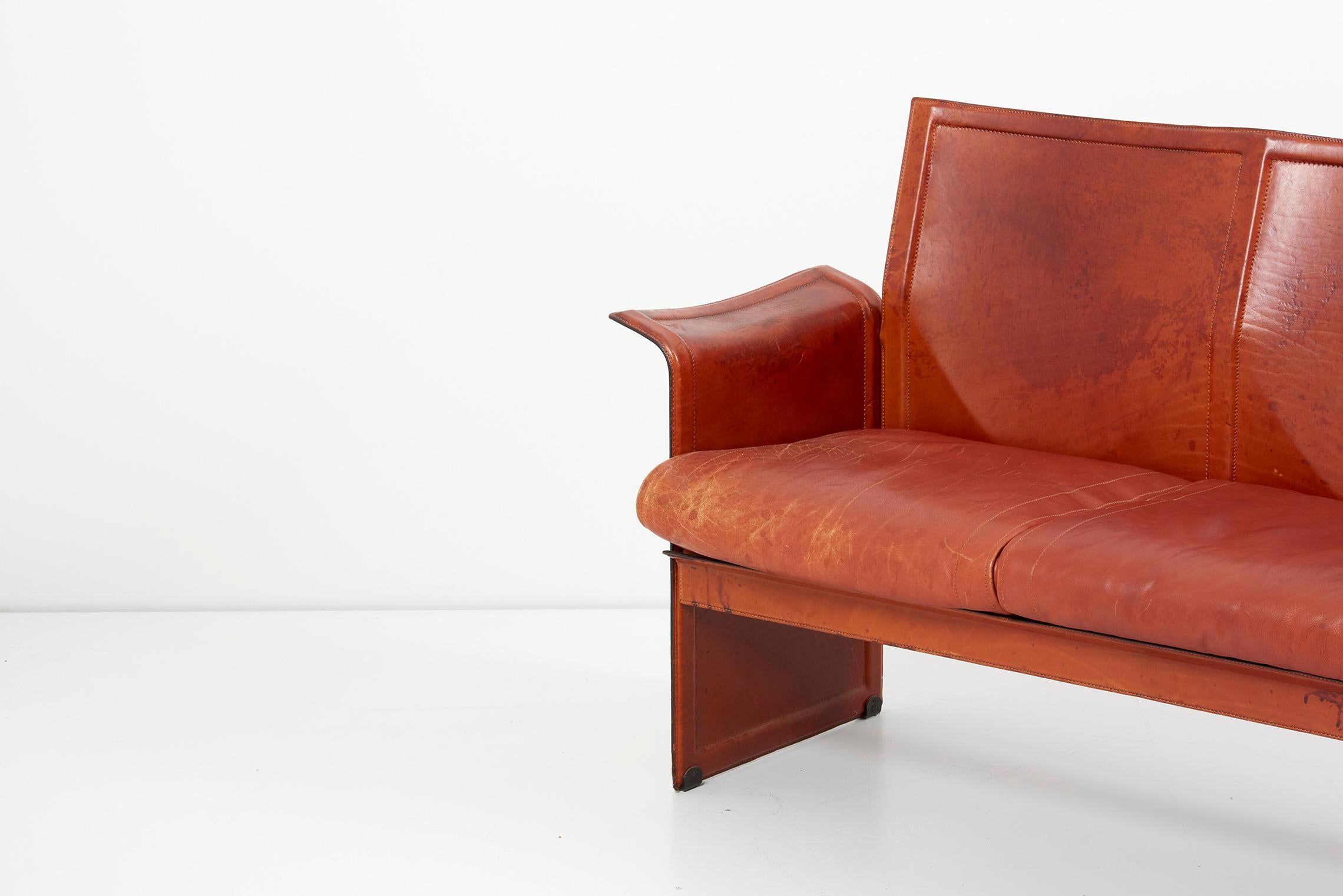 Tito Agnoli for Matteo Grassi Loveseat and Chair in Dark Cognac Leather, Italy For Sale 5