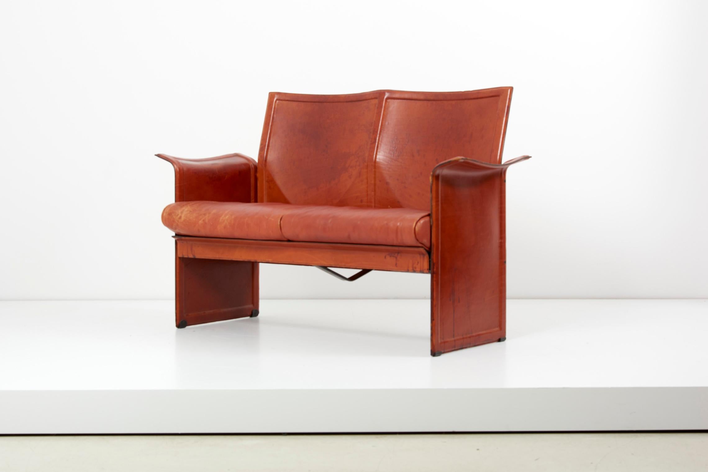 Tito Agnoli for Matteo Grassi Loveseat and Chair in Dark Cognac Leather, Italy For Sale 7