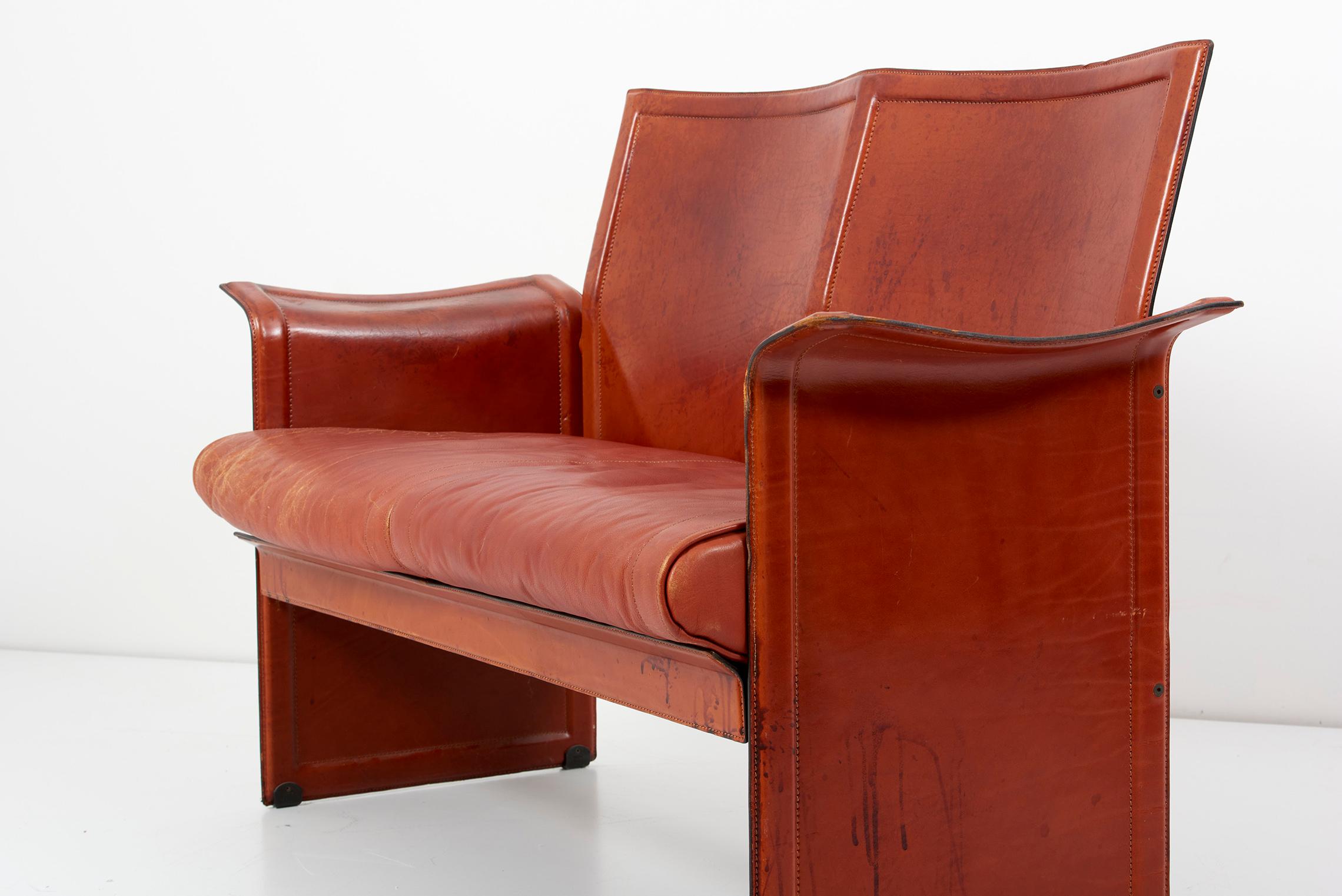 Tito Agnoli for Matteo Grassi Loveseat and Chair in Dark Cognac Leather, Italy For Sale 8
