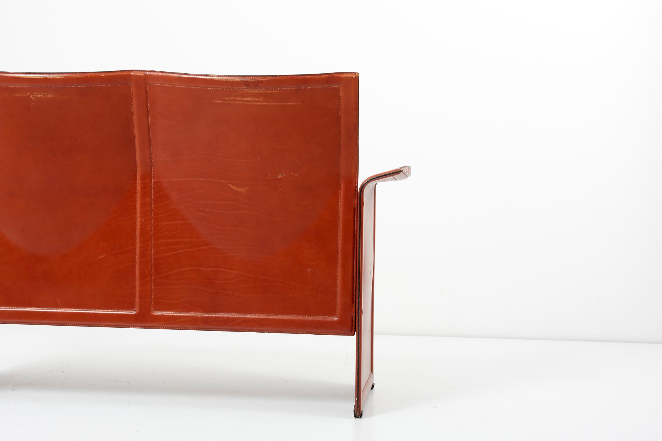 Late 20th Century Tito Agnoli for Matteo Grassi Loveseat and Chair in Dark Cognac Leather, Italy For Sale