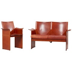 Tito Agnoli for Matteo Grassi Loveseat and Chair in Dark Cognac Leather, Italy