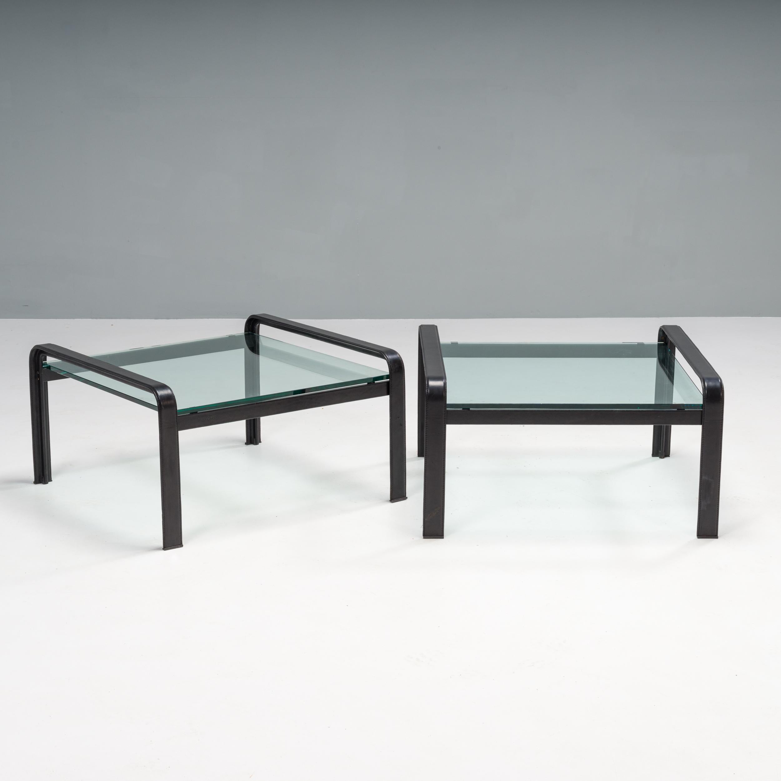 Mid-Century Modern Tito Agnoli for Matteo Grassi Black Leather & Glass Side Tables, Set of 2, 1970s For Sale