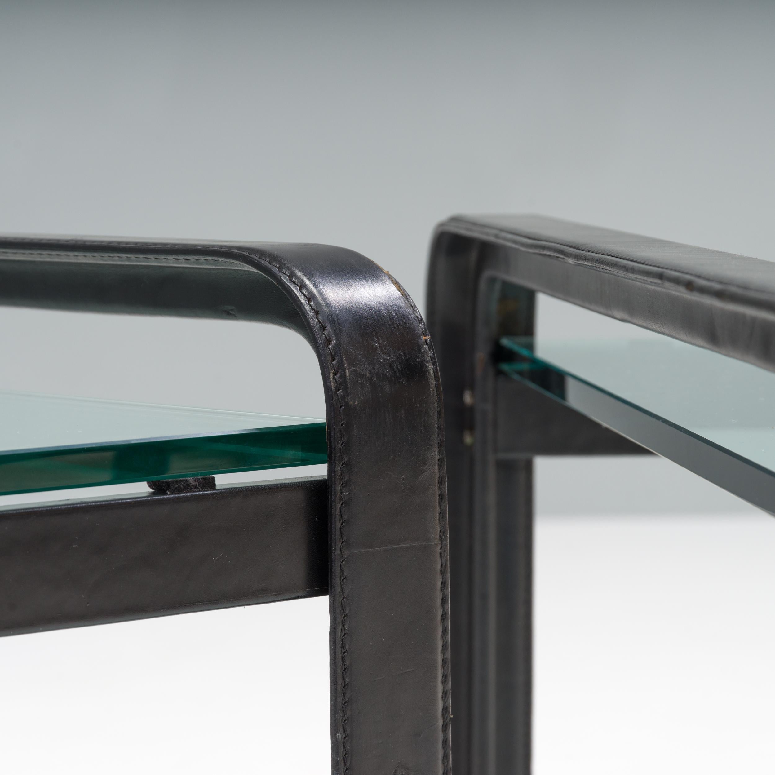 Tito Agnoli for Matteo Grassi Black Leather & Glass Side Tables, Set of 2, 1970s In Good Condition For Sale In London, GB
