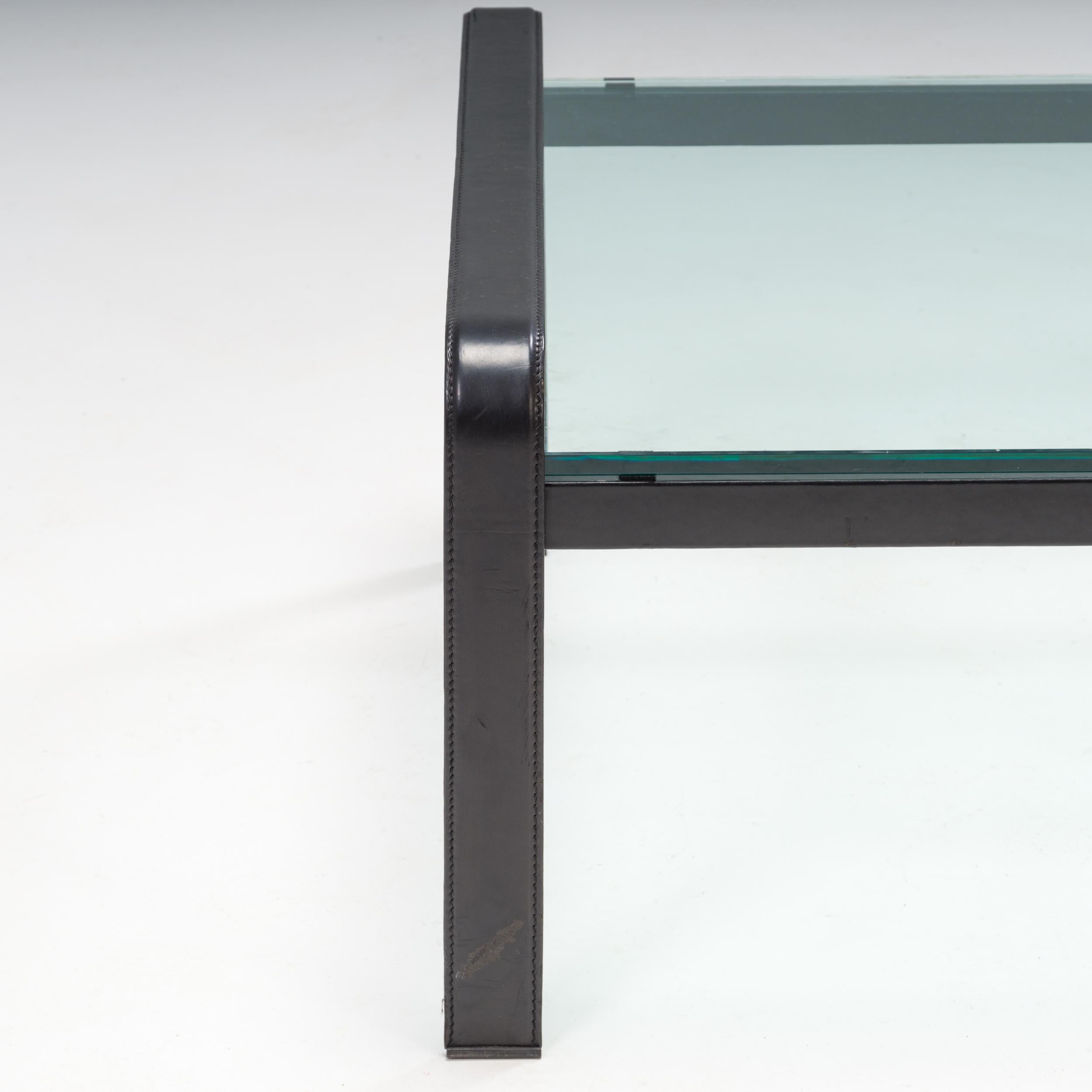 Late 20th Century Tito Agnoli for Matteo Grassi Black Leather & Glass Side Tables, Set of 2, 1970s For Sale