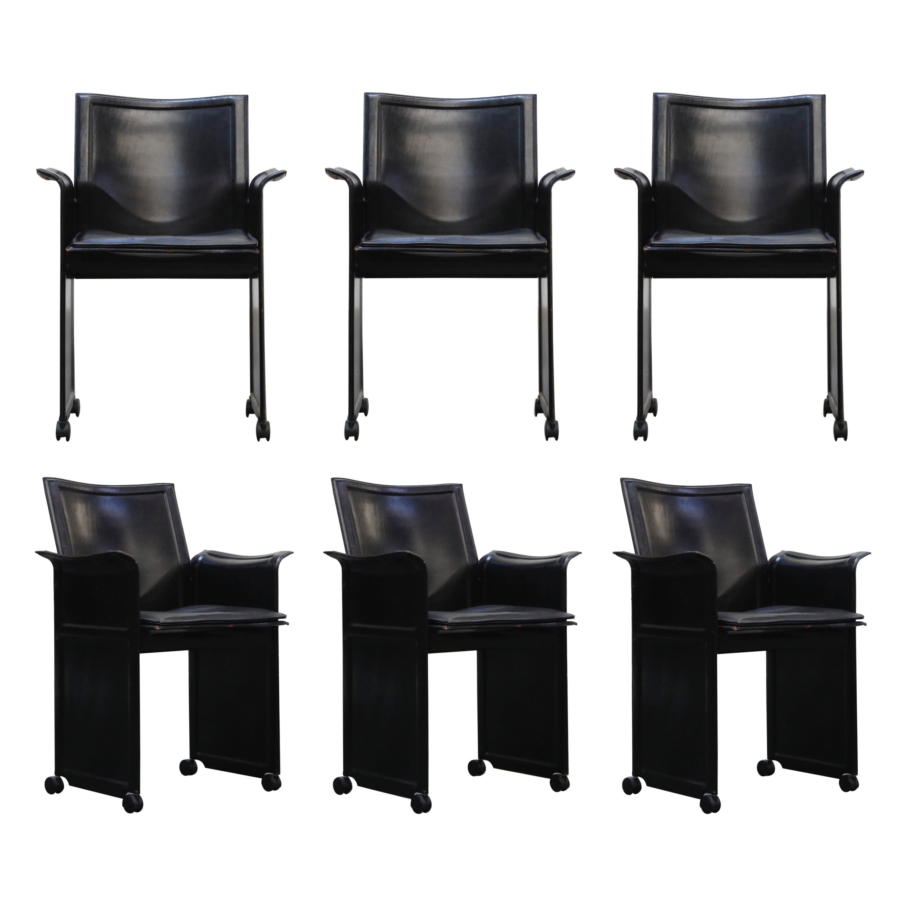 Tito Agnoli for Matteo Grassi "Korium" Black Leather Armchairs, Signed