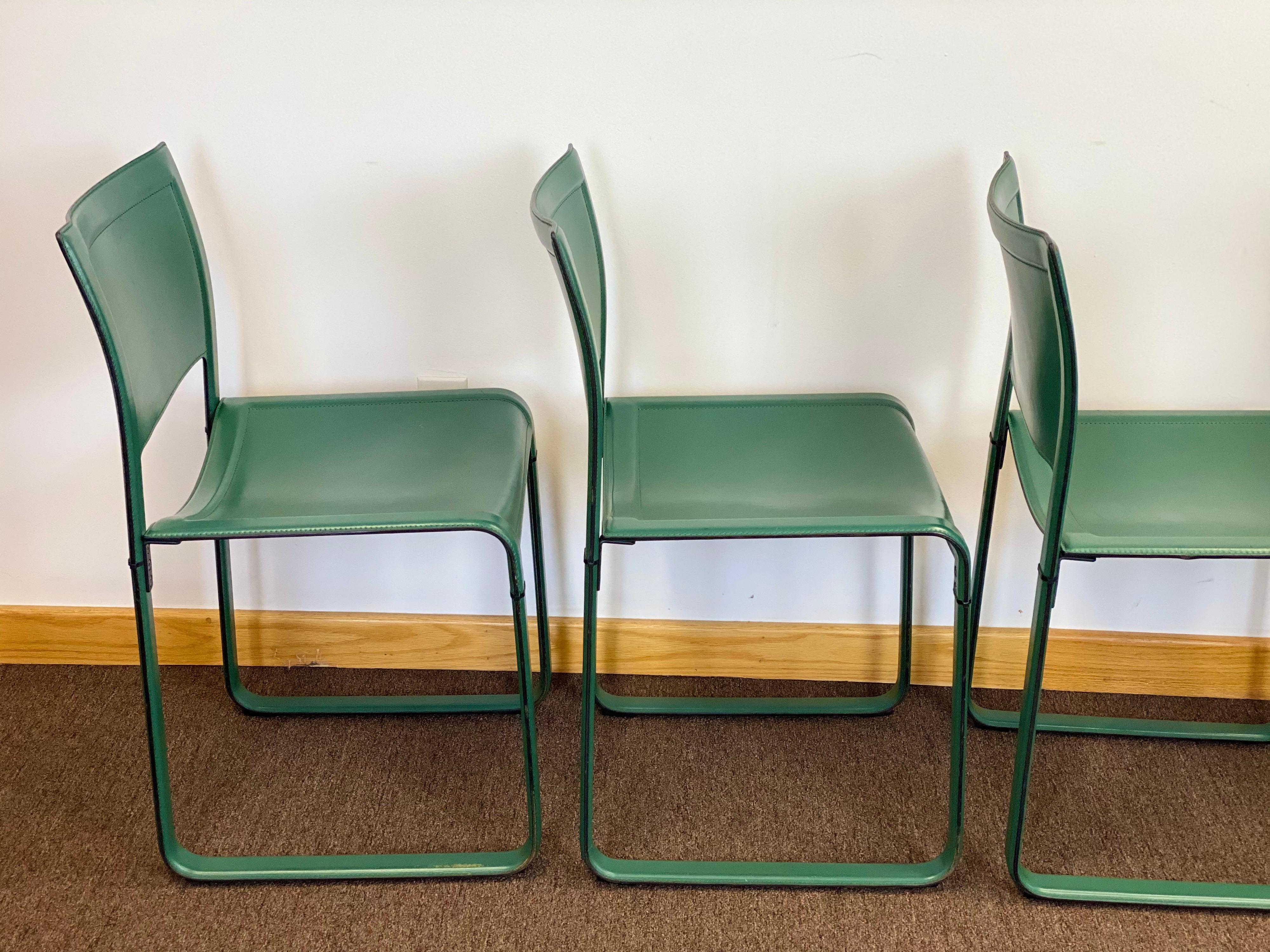 Late 20th Century Tito Agnoli for Matteo Grassi Sistena Green Leather Dining Chairs, Set of 5