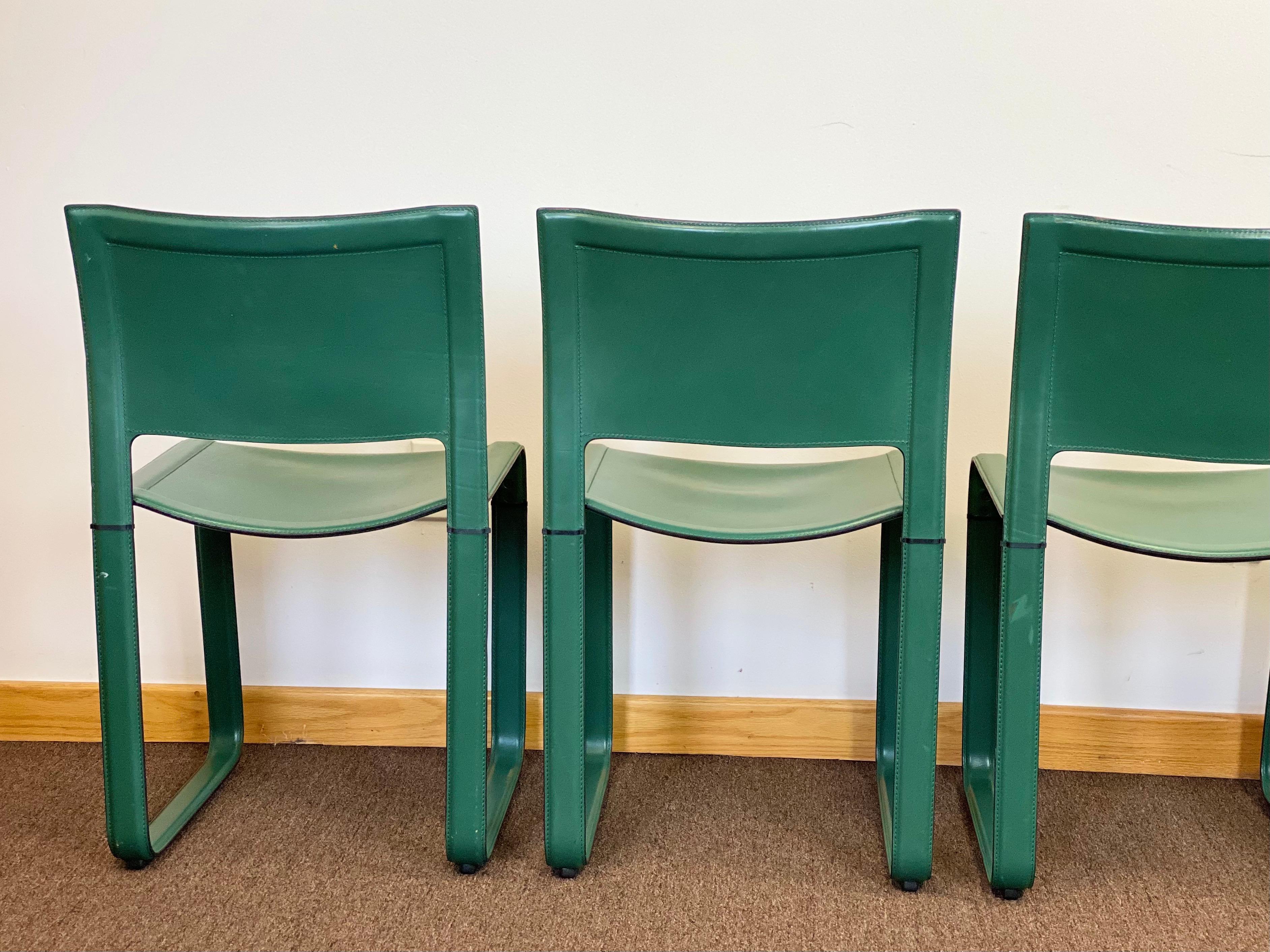 Tito Agnoli for Matteo Grassi Sistena Green Leather Dining Chairs, Set of 5 1