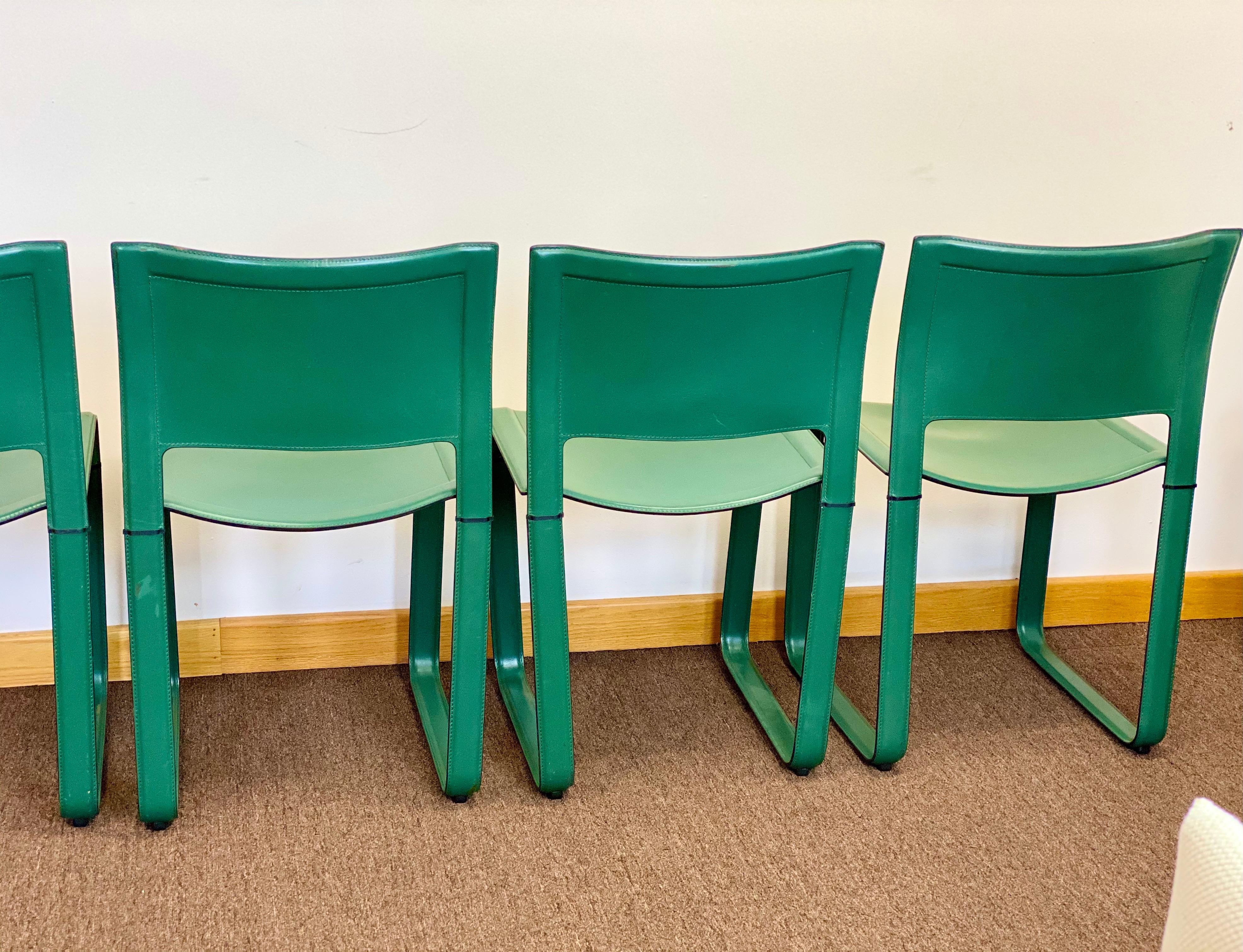Tito Agnoli for Matteo Grassi Sistena Green Leather Dining Chairs, Set of 5 2
