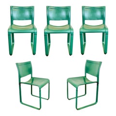 Tito Agnoli for Matteo Grassi Sistena Green Leather Dining Chairs, Set of 5