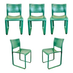 Tito Agnoli for Matteo Grassi Sistena Green Leather Dining Chairs, Set of 5