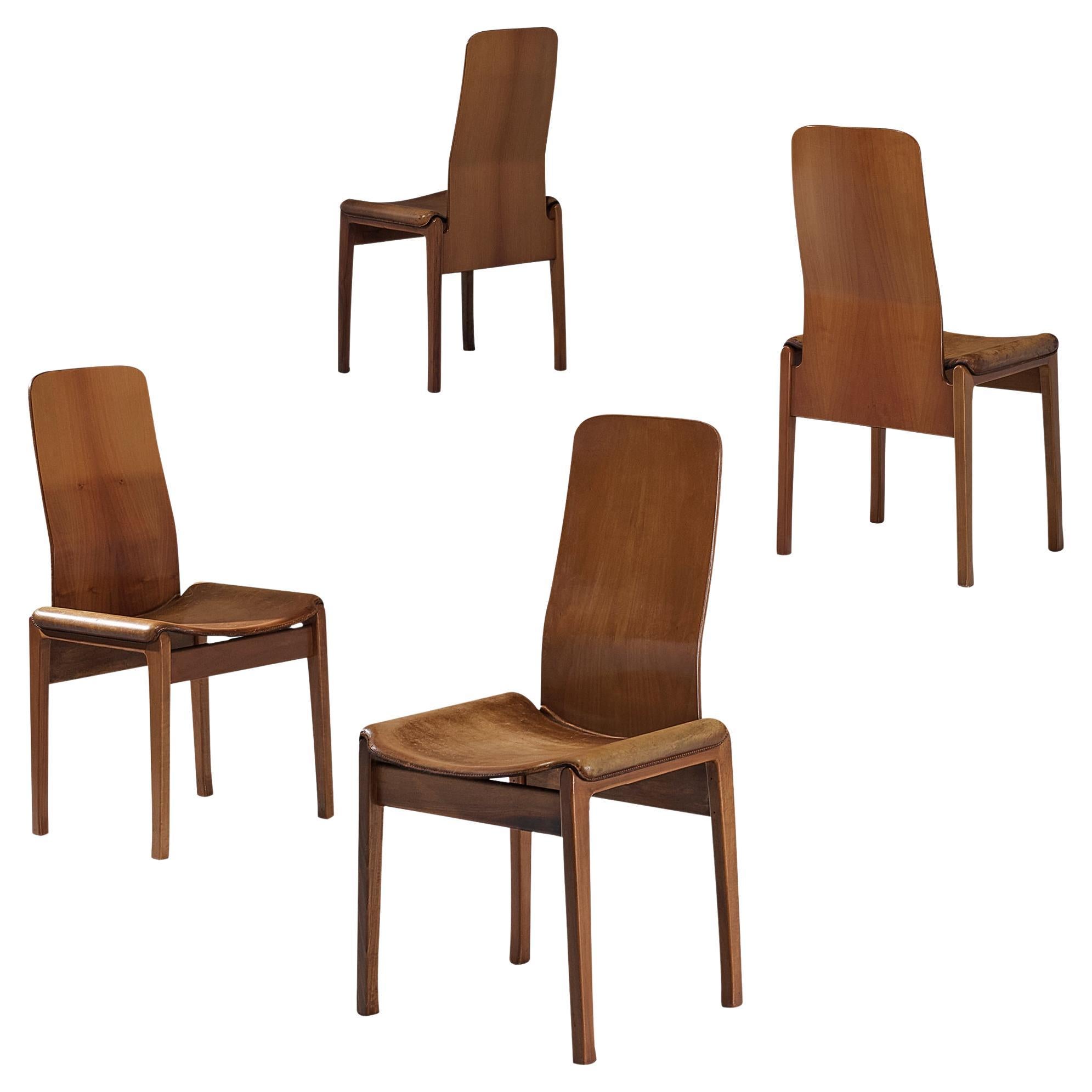 Tito Agnoli for Molteni Set of Four 'Fiorenza' Dining Chairs in Leather & Walnut