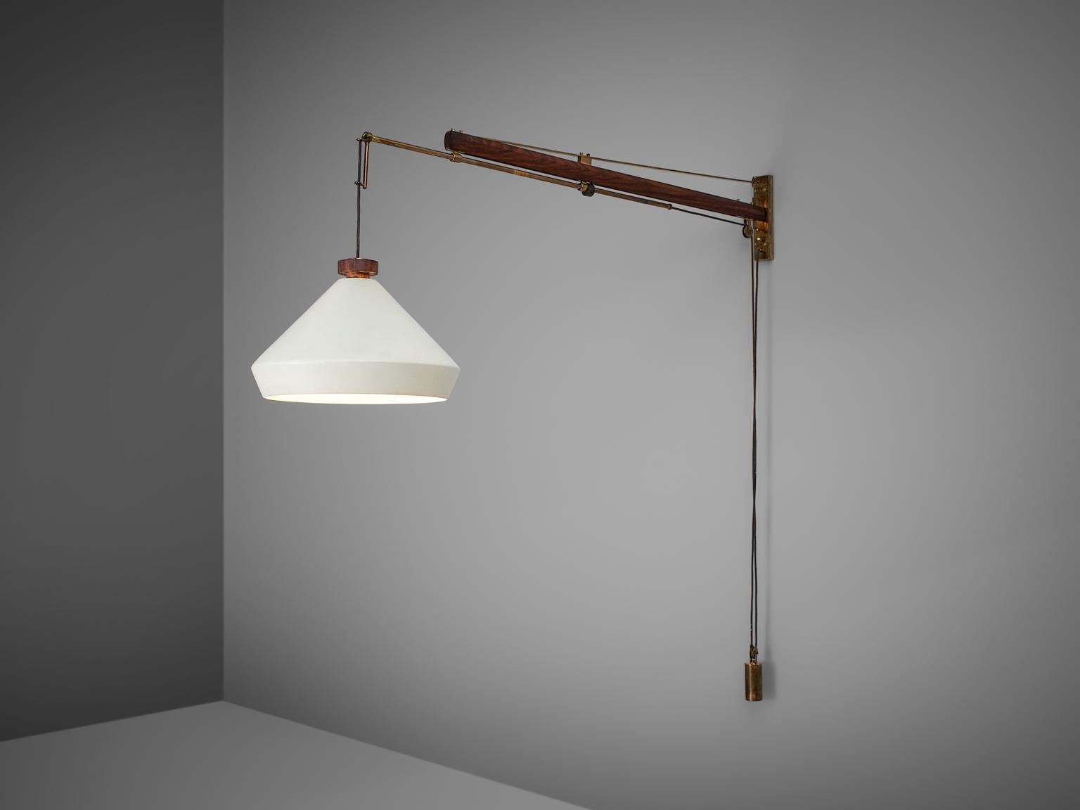 Tito Agnoli for O-Luce, wall light, white laquered metal, palissander, cord and brass, Italy, circa 1950. 

Industrial wall light designed by Tit Agnoli, and manufactured by O-Luce in circa 1950. This lamp is made of palissander, lacquered metal