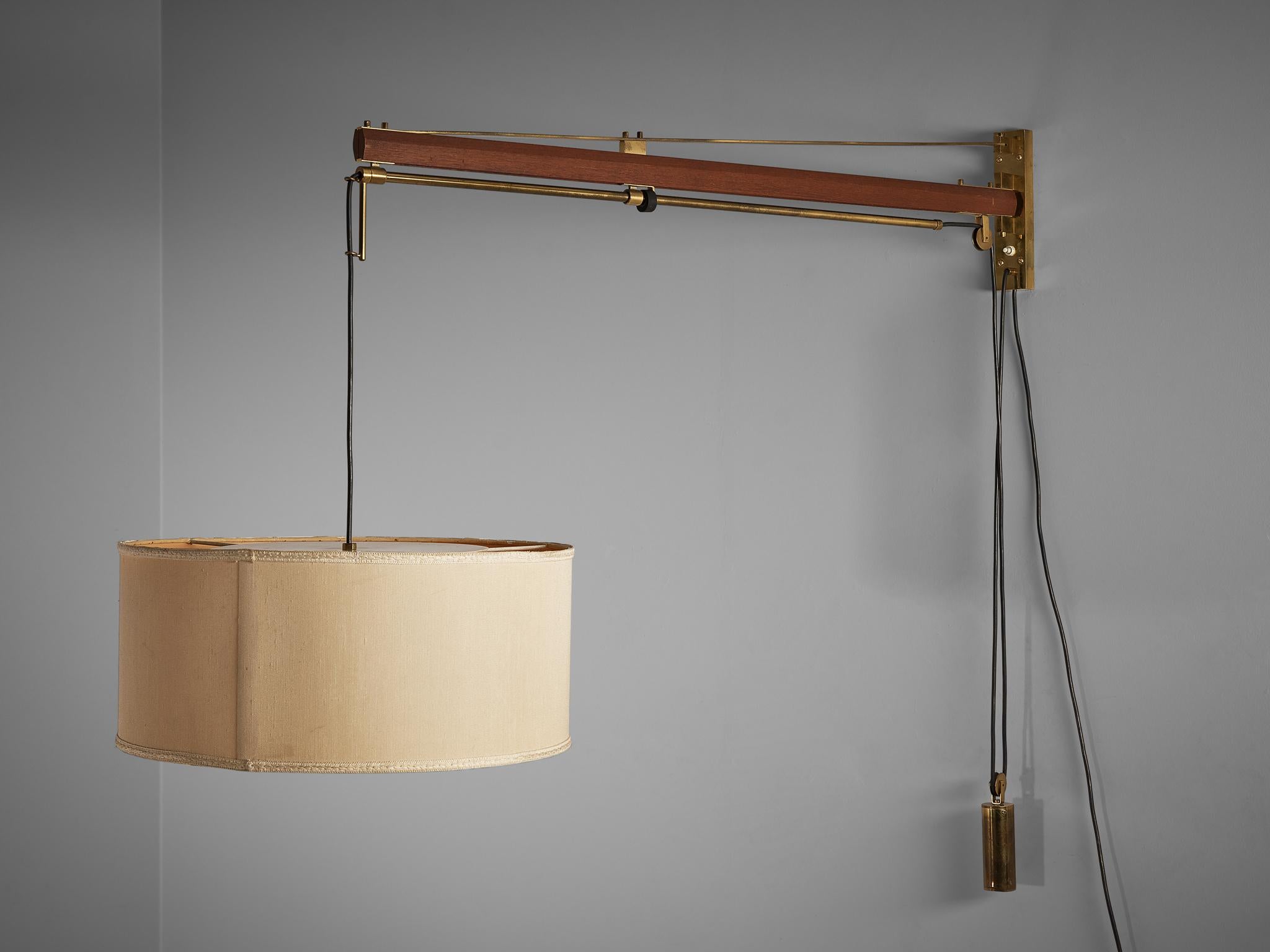 Tito Agnoli for O-Luce, wall light, white lacquered metal, teak, cord, brass, plastic, Italy, 1957. 

Impressive wall mounted light designed by Tito Agnoli, and manufactured by O-Luce. Unique for this item is the combination of elements derived from