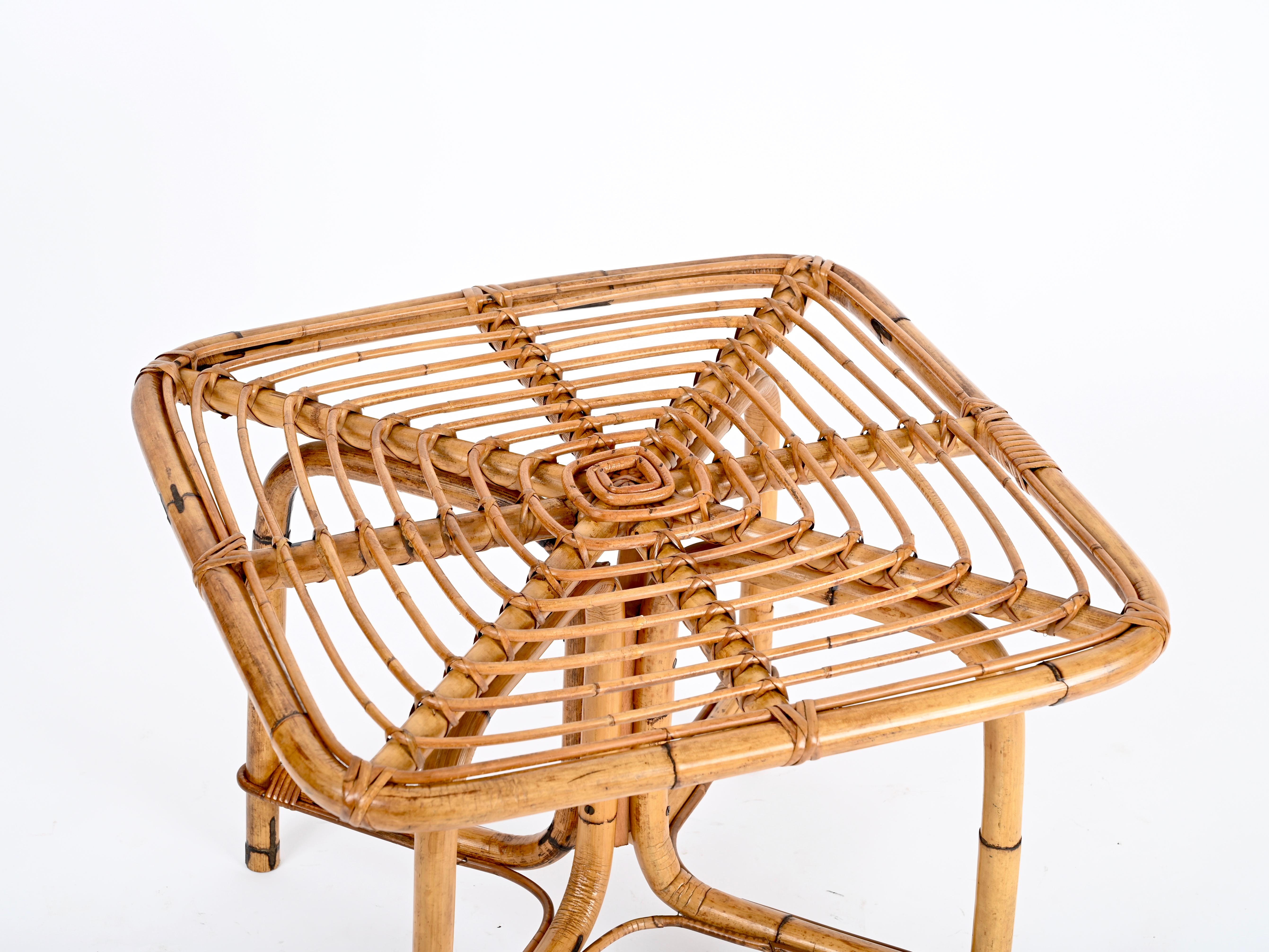 Bambù Tito Agnoli Tavolino quadrato Riviera Francese in rattan e bambù, Italia anni '60 in vendita