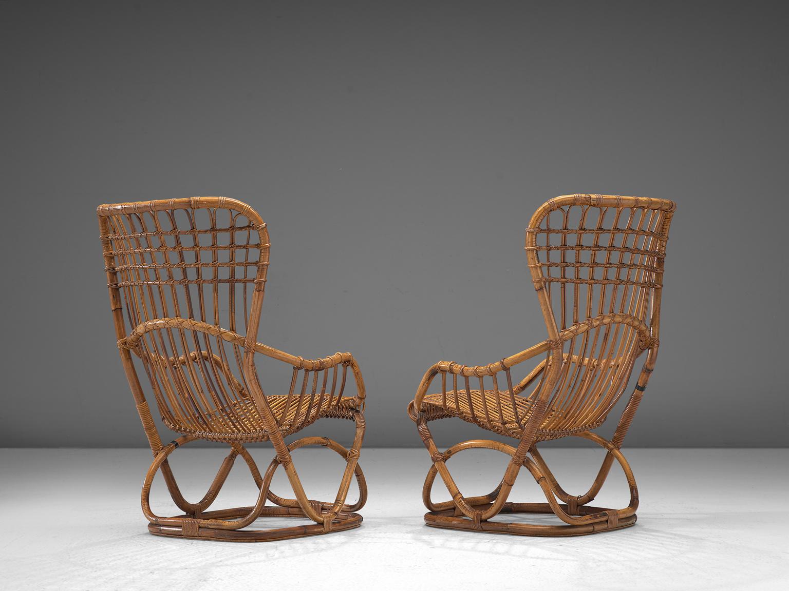 Mid-Century Modern Tito Agnoli Inspired Pair of Rattan Lounge Chairs