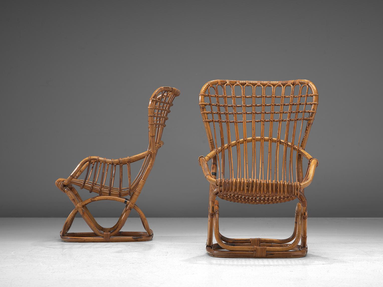 Italian Tito Agnoli Inspired Pair of Rattan Lounge Chairs