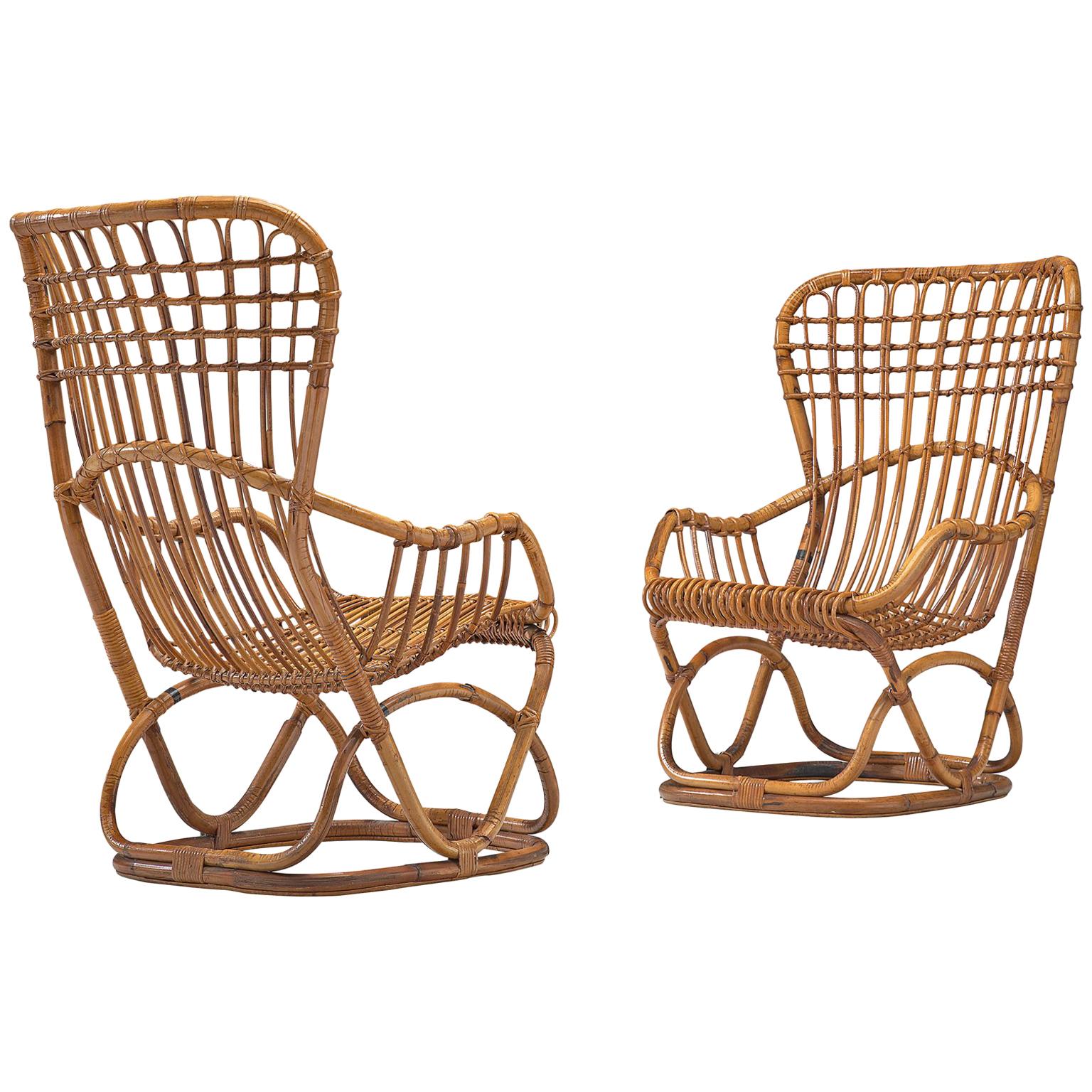 Tito Agnoli Inspired Pair of Rattan Lounge Chairs