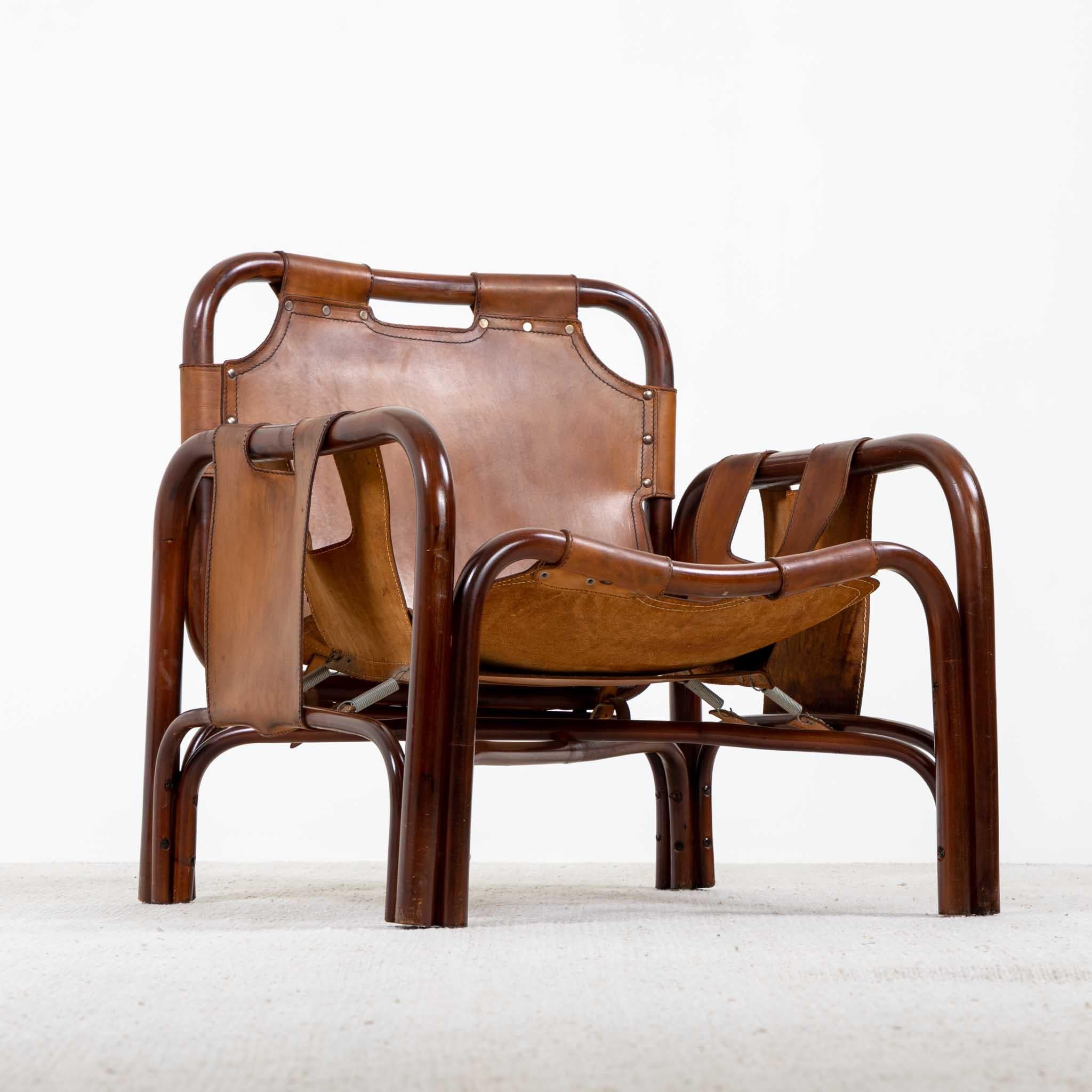 Italian Brown Lounge Chairs, Leather & stained Beech, Italy Mid-20th Century