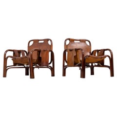 Brown Lounge Chairs, Leather & stained Beech, Italy Mid-20th Century